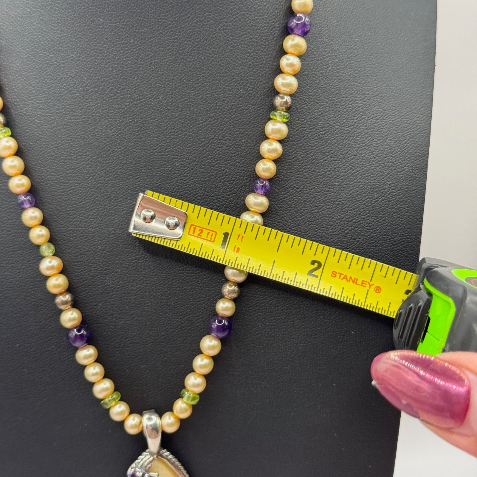 VTG Carolyn Pollack Gold MOP Peridot Amethyst Beaded Pendant Necklace 925 Silver