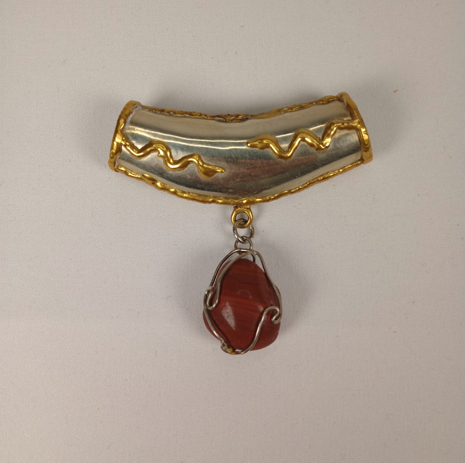 Vintage Modernist Snake Slide Pendant Mixed Metal Red Agate Jasper Artisan