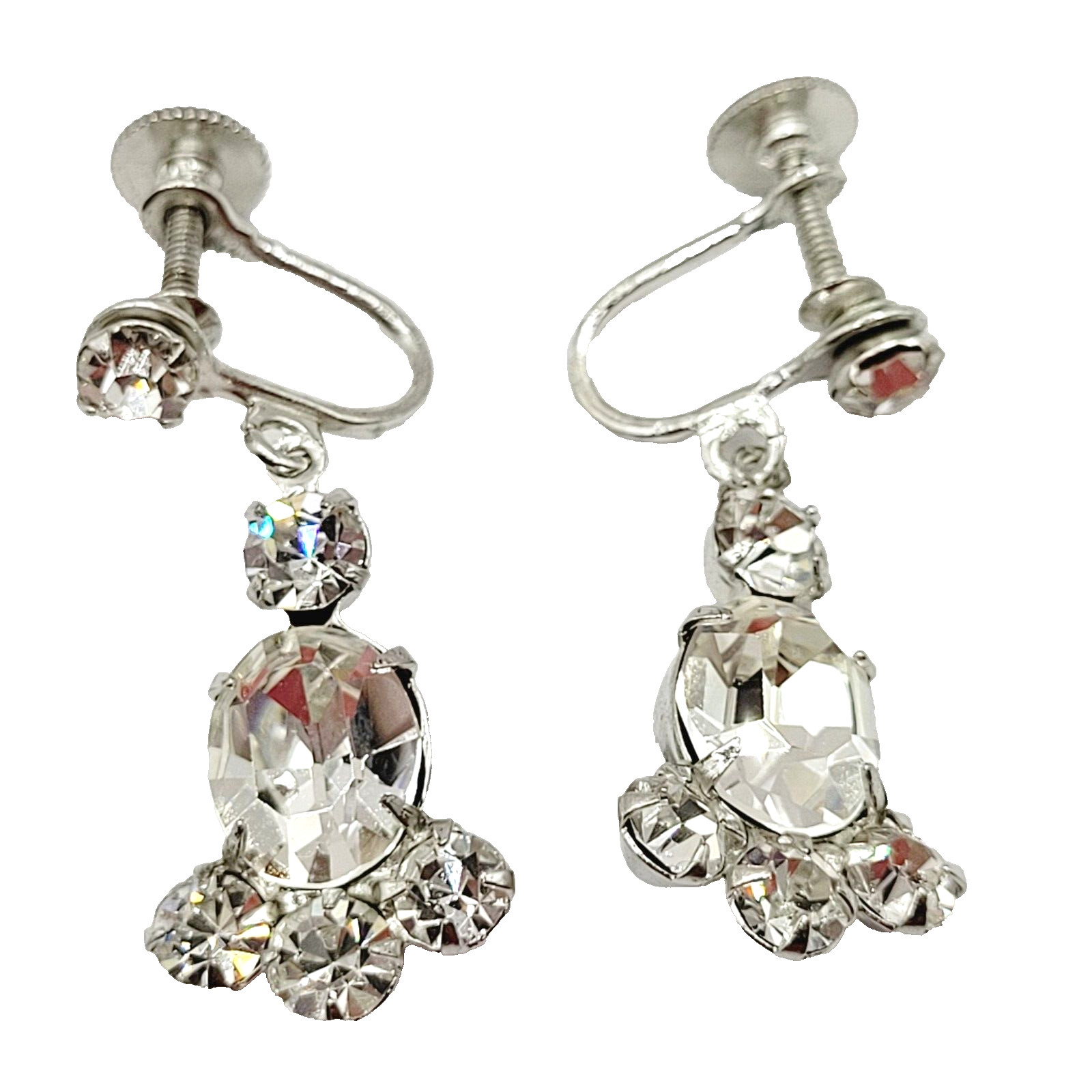 Crystal Rhinestone Cluster Silver Tone Drop Dangle Screw Back Vintage Earrings