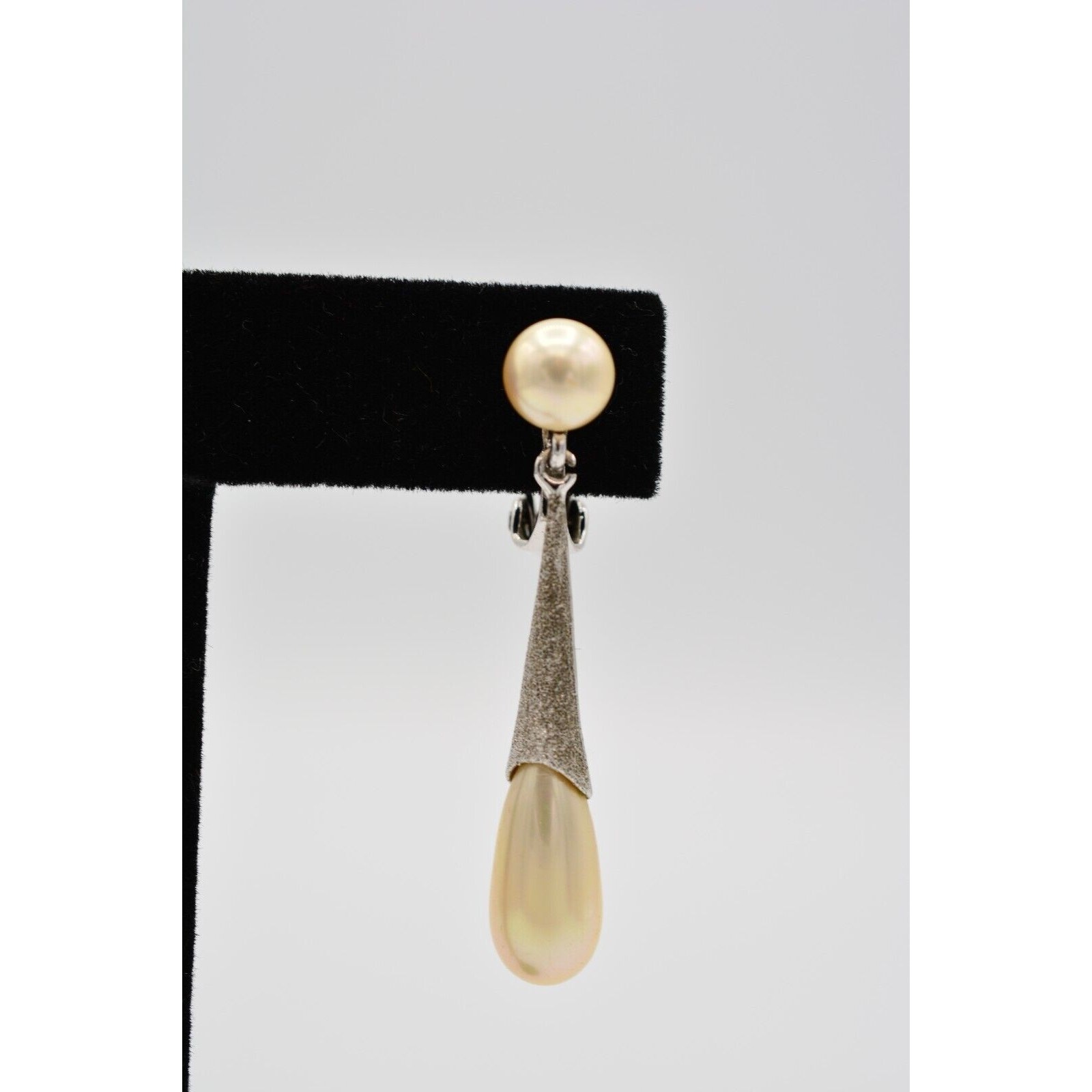 Vintage Dangle Earrings Silver Tone Faux Pearl Drop Textured Signed 1980s Bin7