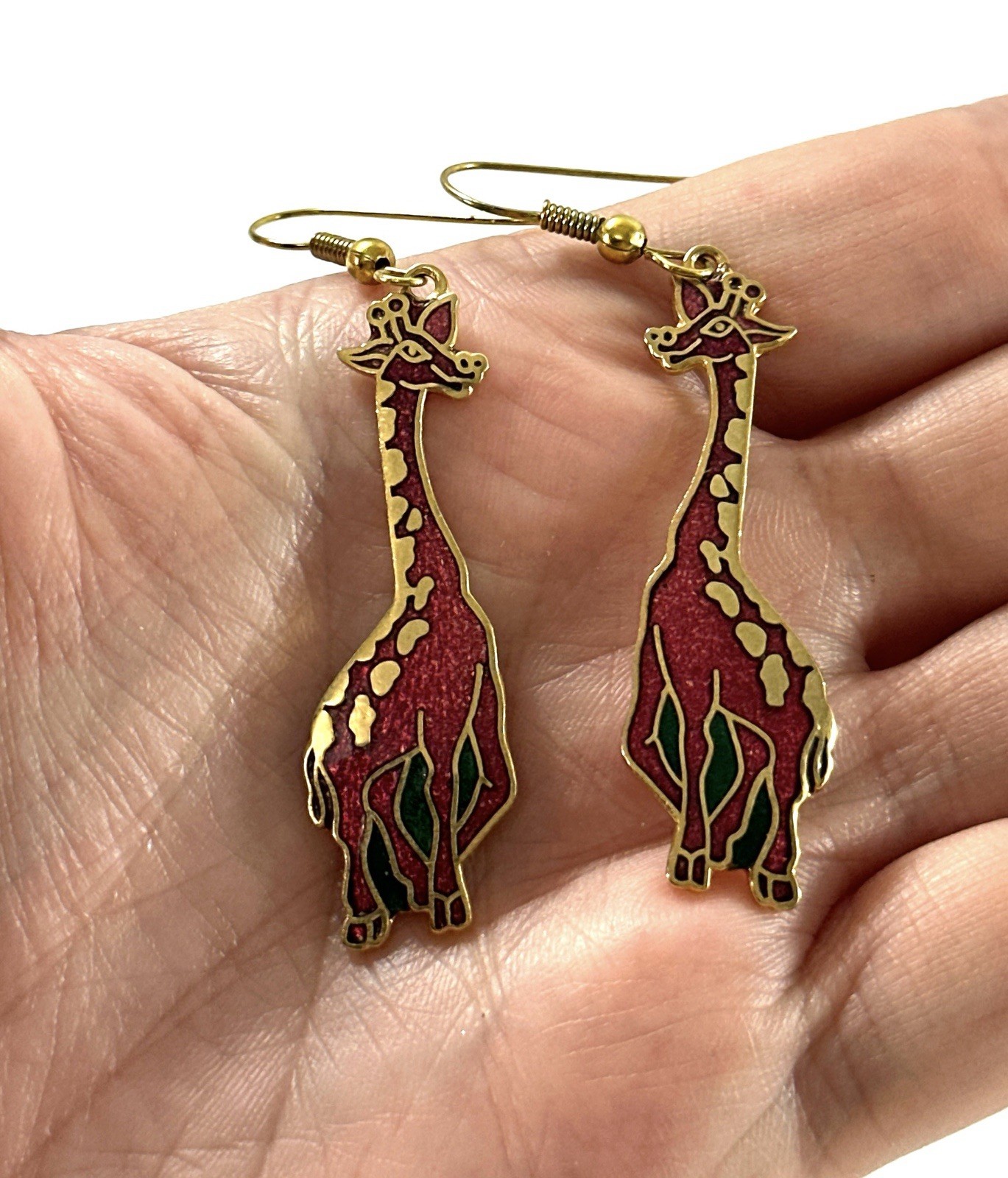 Vintage Giraffe Dangle Earrings Gold Tone Red Green Enamel Safari Animal 1.75”