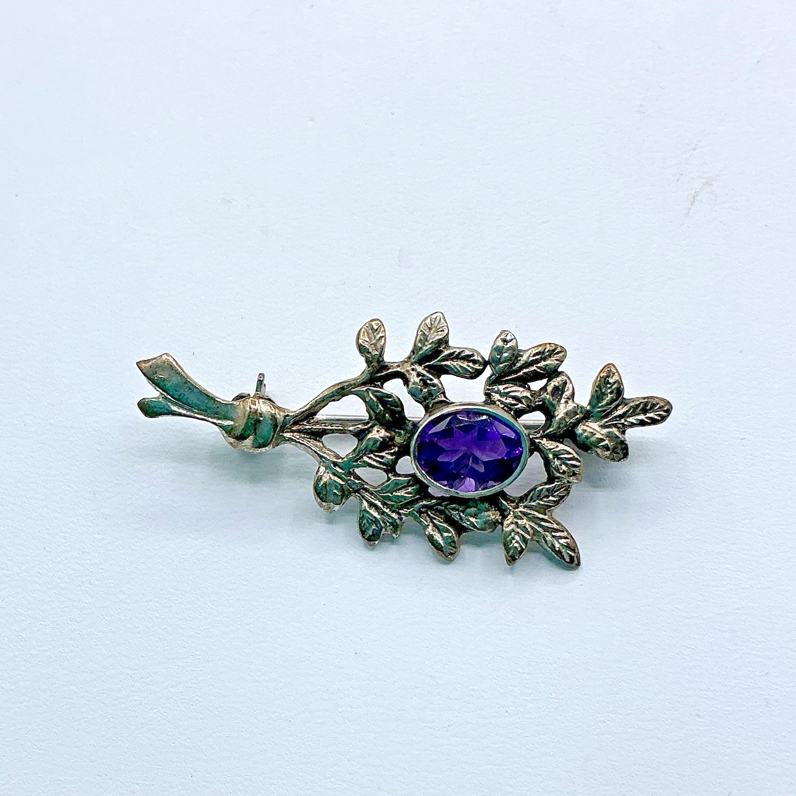 Shiptonia Sterling Silver Amethyst Art Nouveau Branch Leaf Nature Brooch Pin