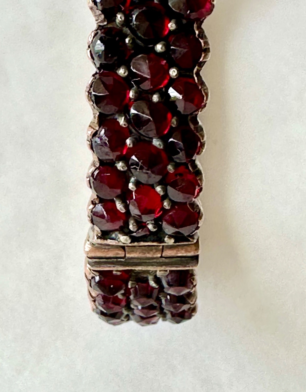 Antique rose cut Garnet & Silver bangle Hinged w/safety chain (see cond.)
