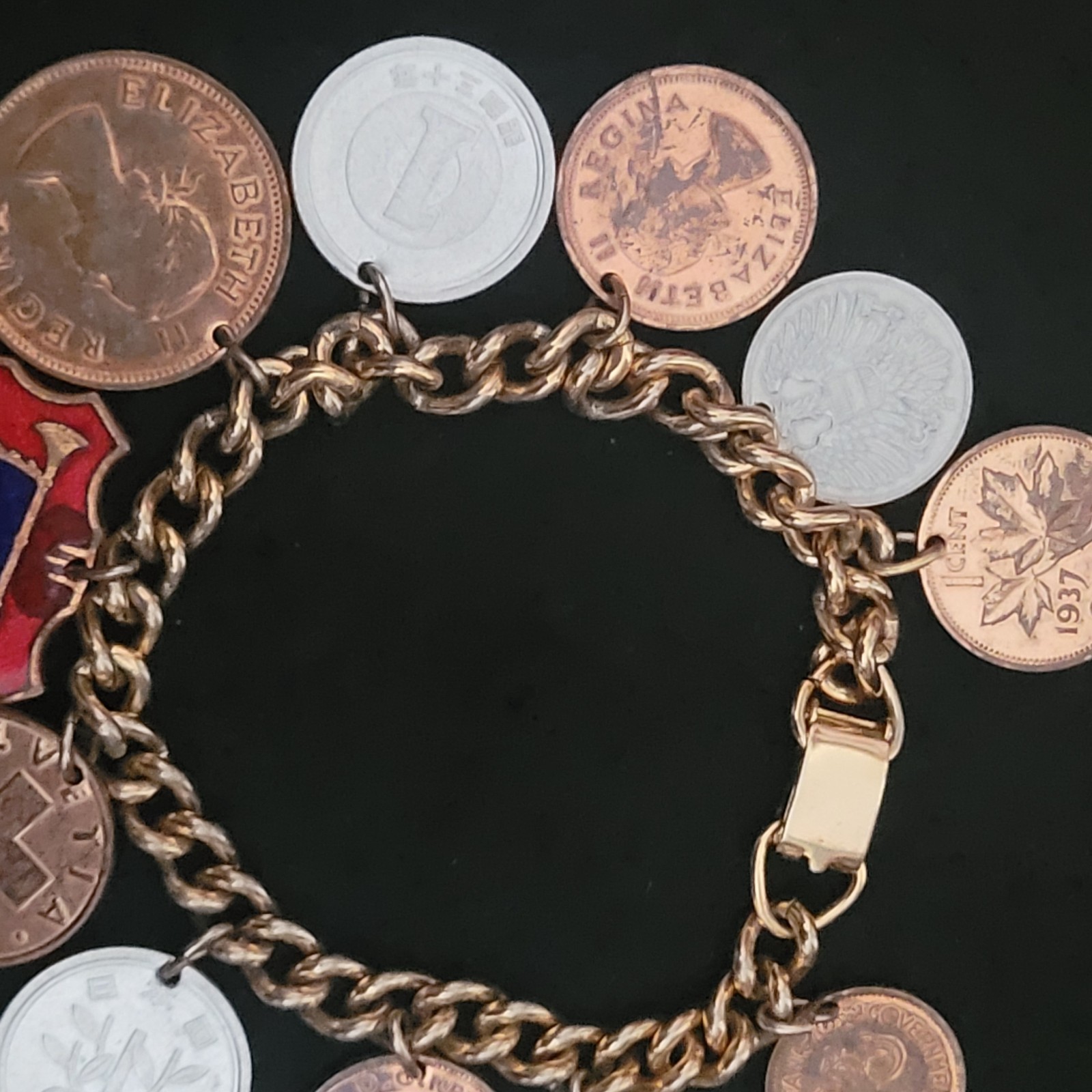 10 1930’s-1950’s Coins World Travel 6” Bracelet Can, Pak, Aut, Zaf, Jpn and Che