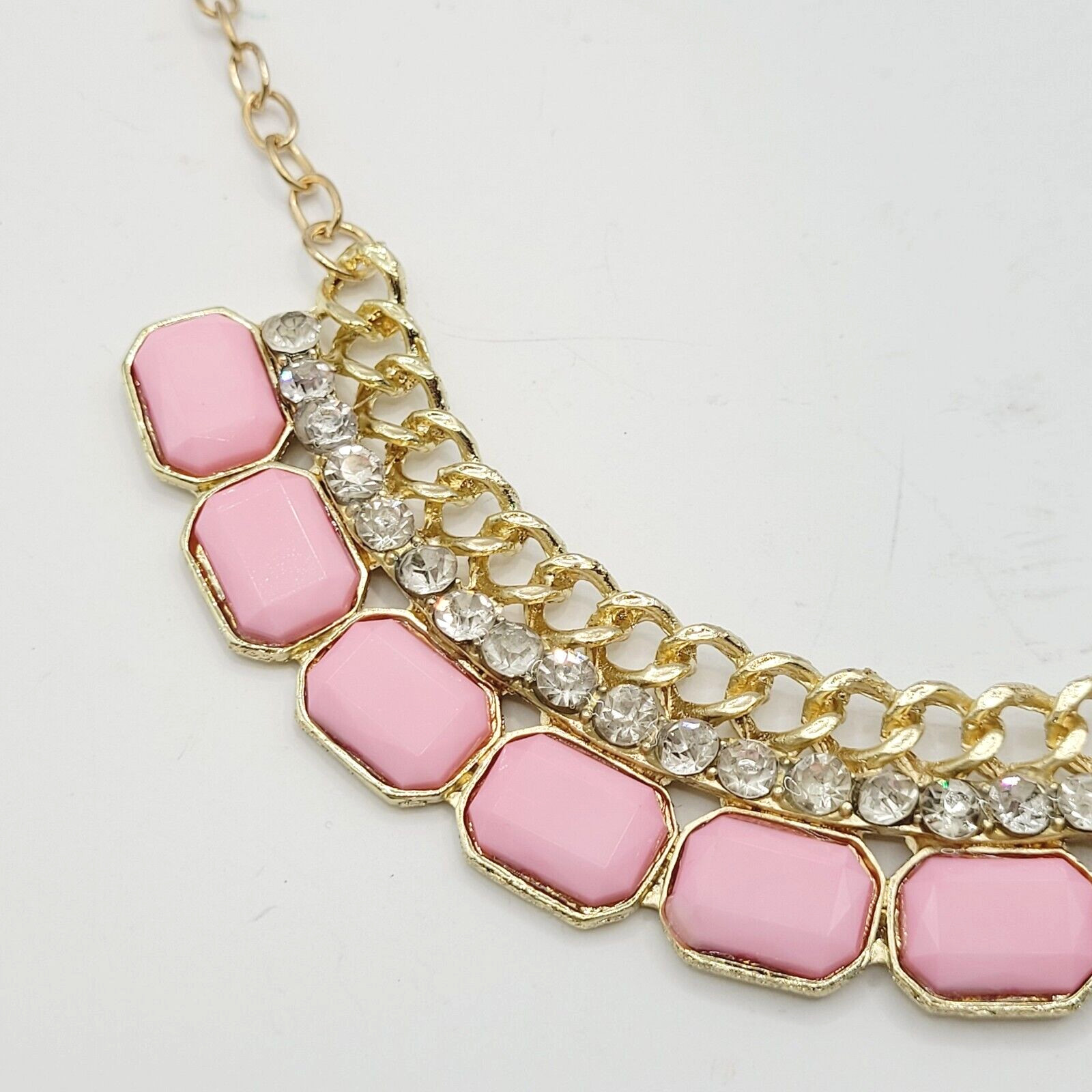 Fancy Rhinestone & Pink Acrylic with Milkglass Style Vintage Gold Tone Necklace