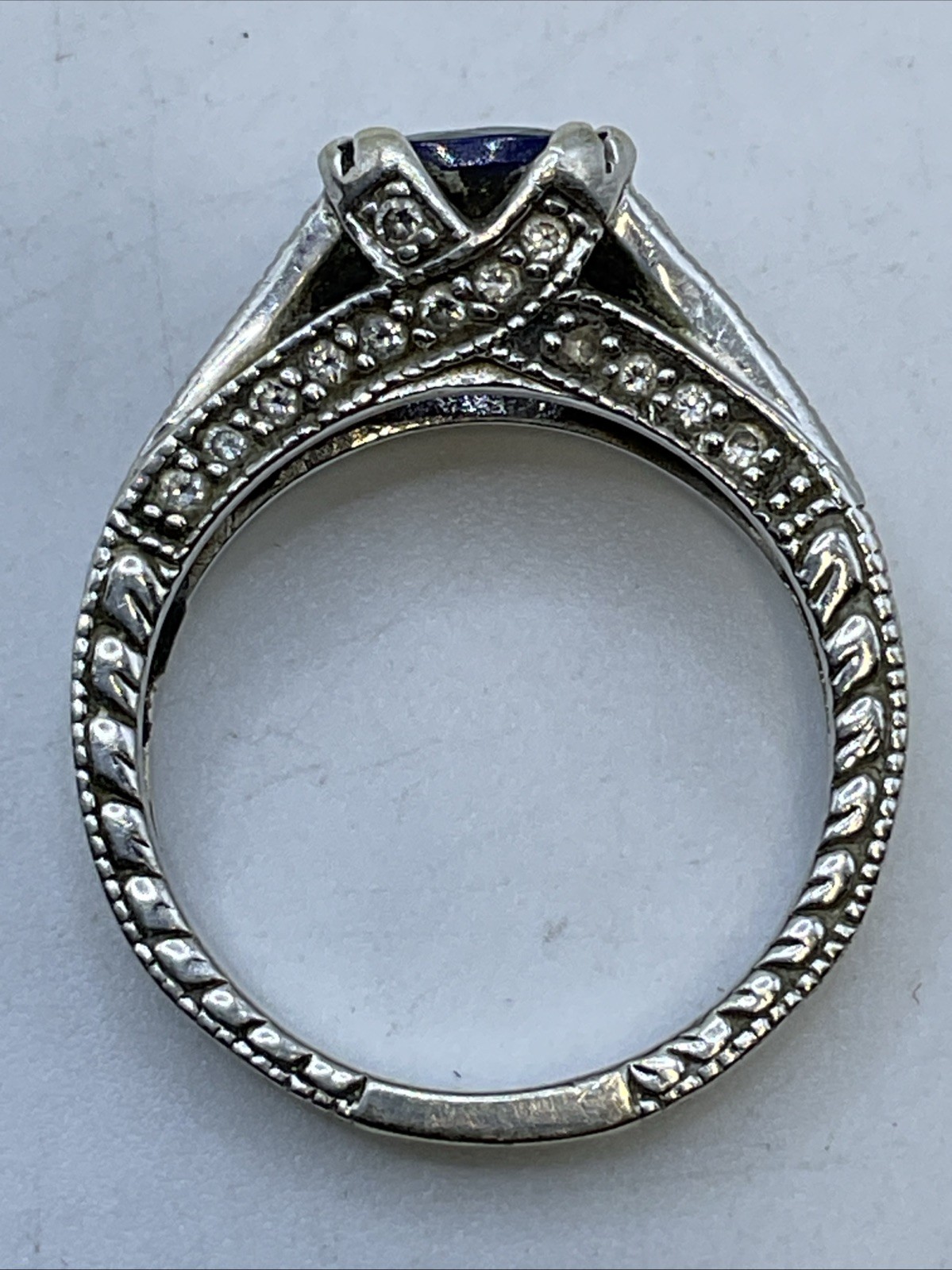 Ladies Ring Solid 14K White Gold Cushion Blue Stone & Diamonds VINTAGE HANDMADE