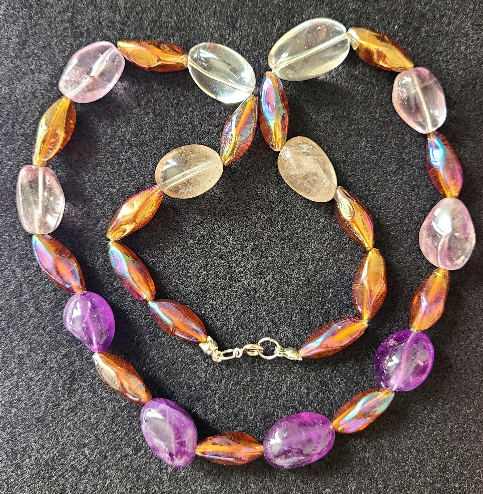 VINTAGE STUNNING MULTICOLOR AMETHYST ROSE QUARTZ GEMSTONE NECKLACE