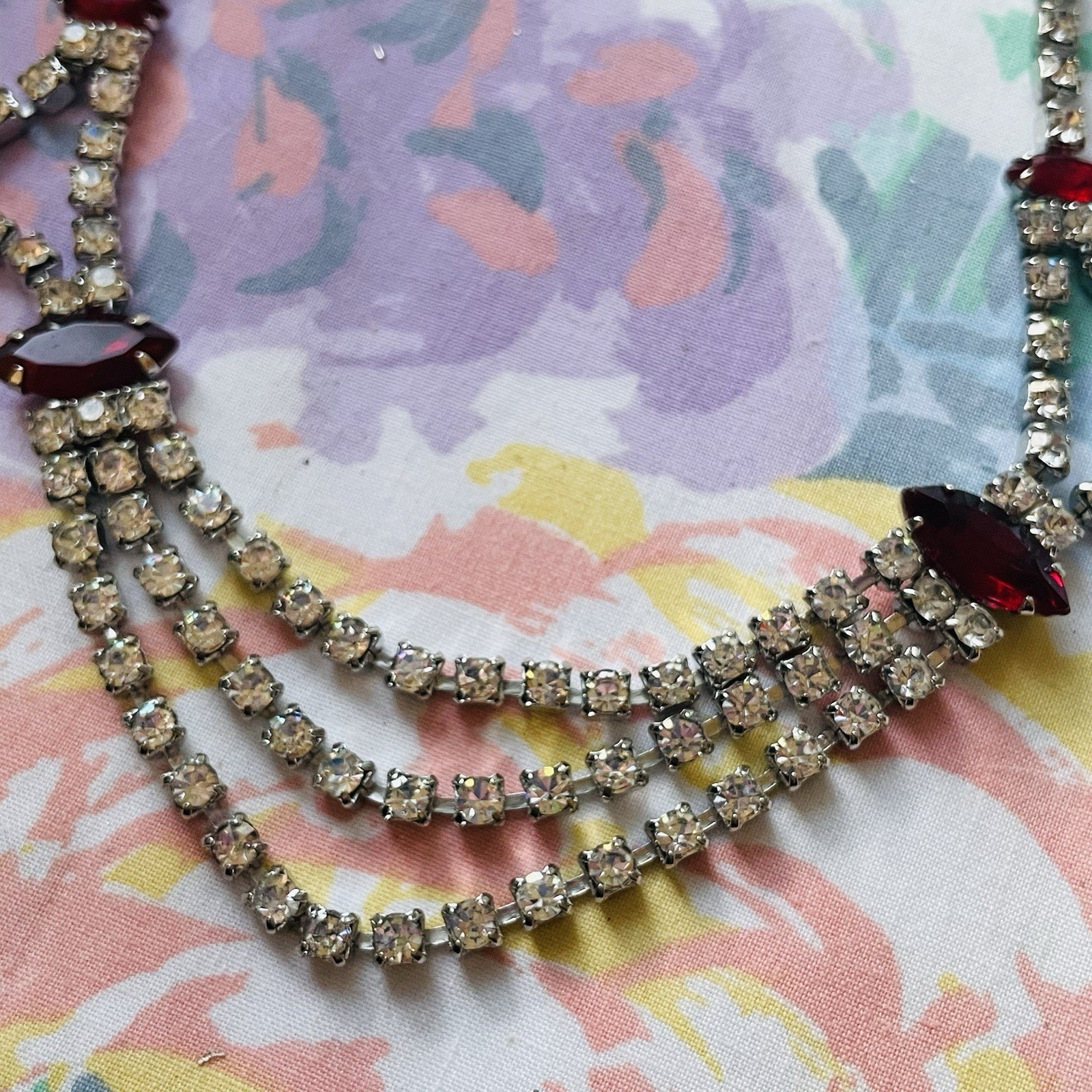 Vintage Rhinestone Necklace 15.5 Inch White and Red Prong Set Stones Hook Clasp