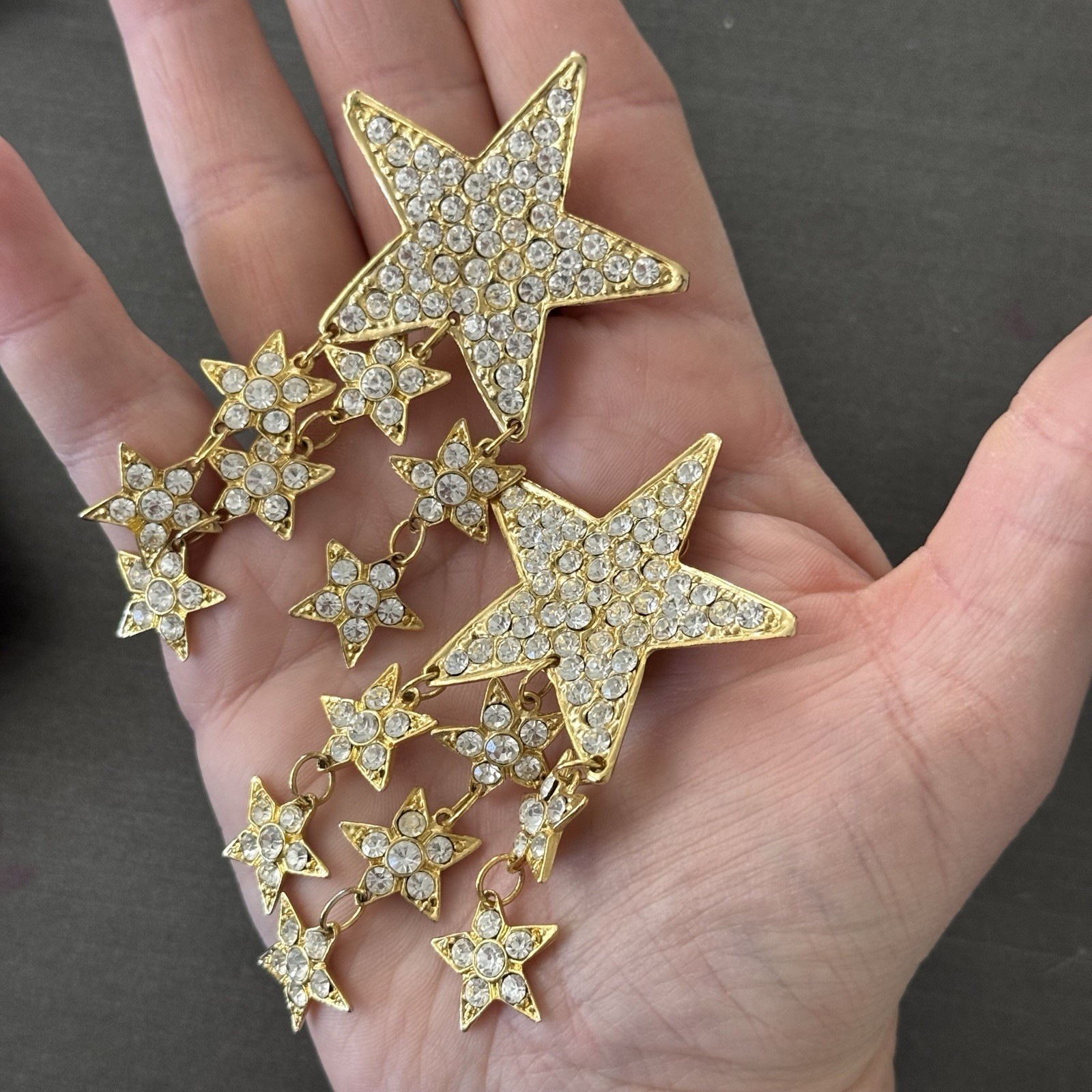 80s French Couture Austrian Pave Crystal Gold Tone Star Drop Runway Earrings