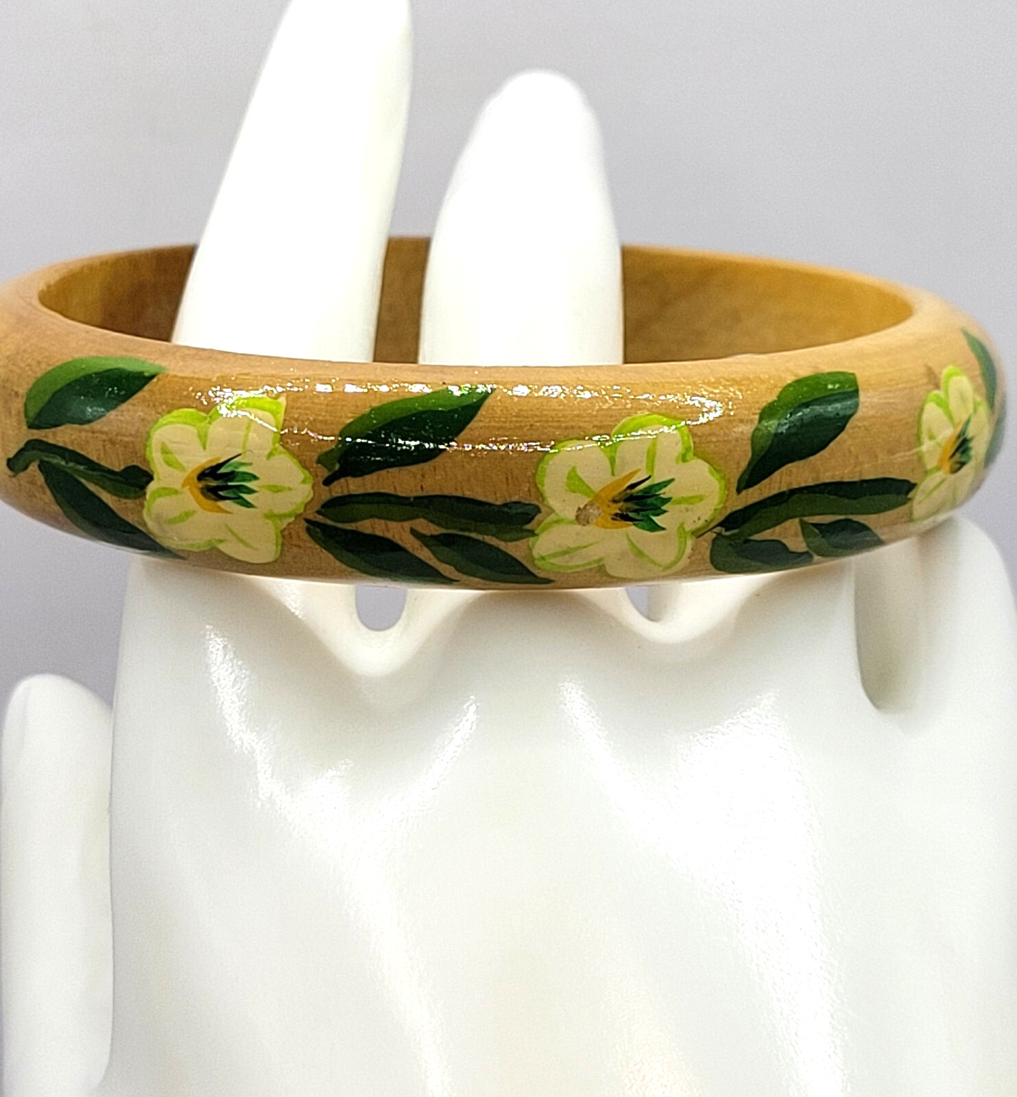 Wood Bangle Hand Painted Cream Flowers Green Leaves Lacquered Bangle Bracelet
