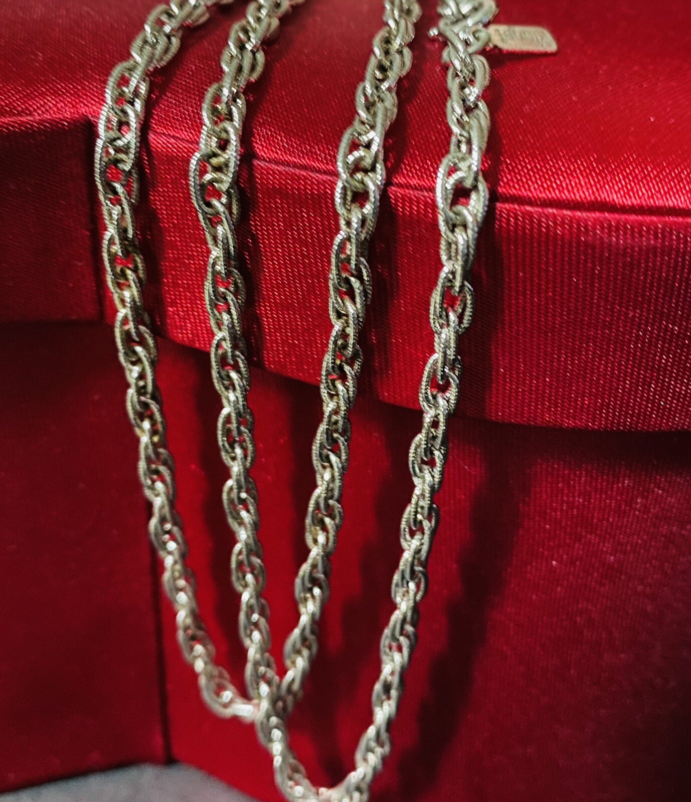 Vintage Unisex MONET Signed Silver Spiga Wheat Link Long Fashion Necklace 27”