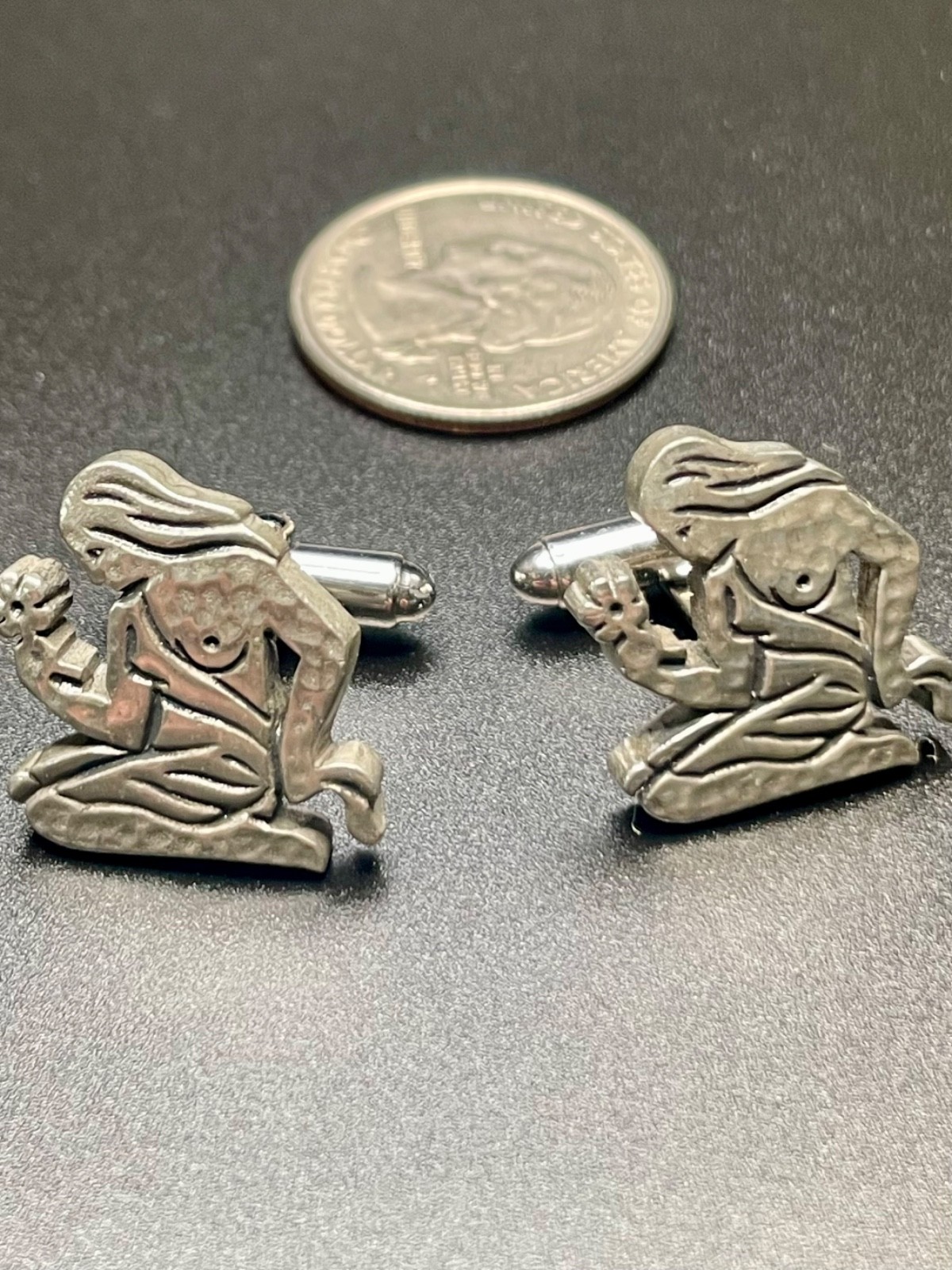 Vintage Art Deco Kneeling Siren Cufflinks Sculptural Novelty Silver Tone