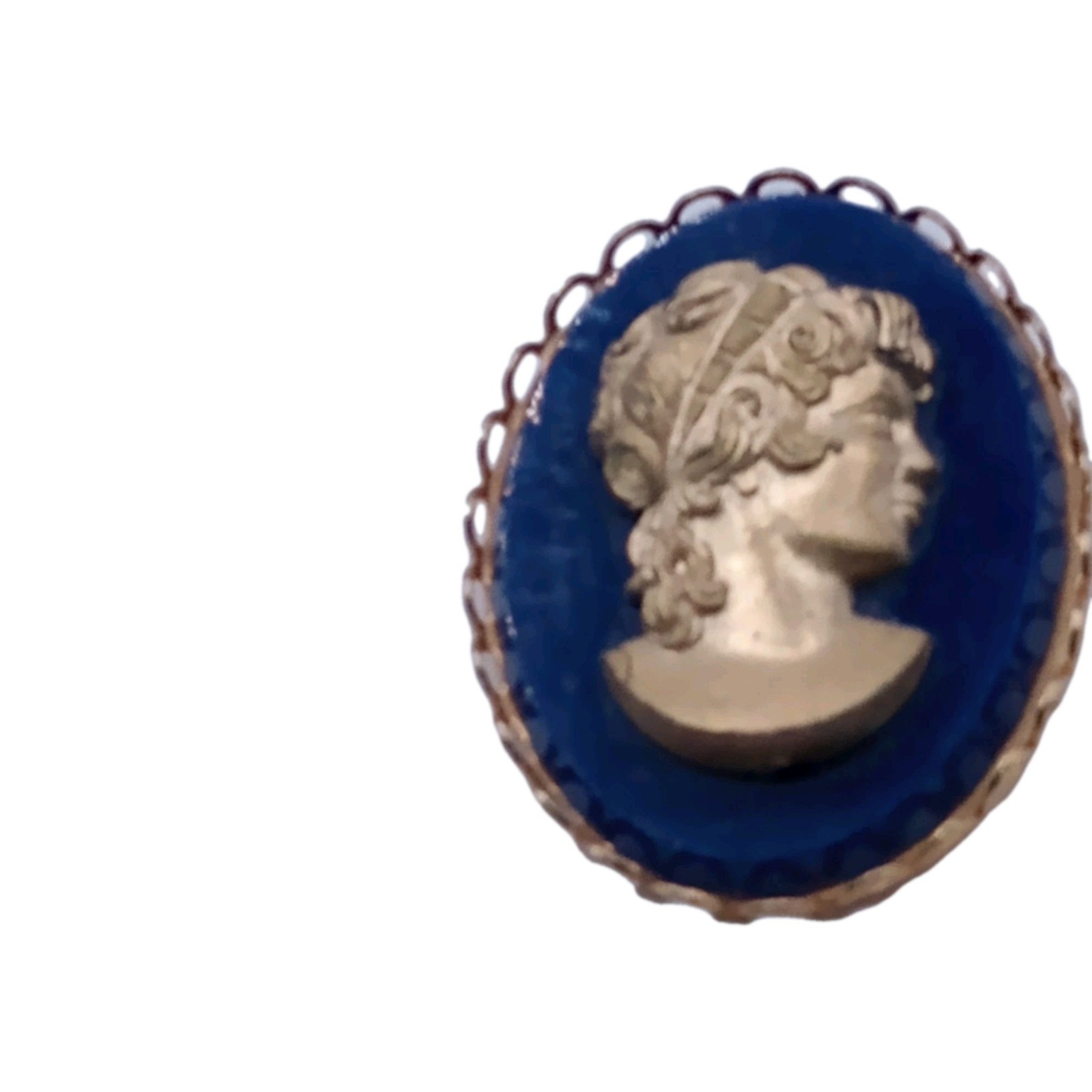 Vintage Blue Gold Cameo Brooch Greek roman goddess Female Profile Pin 1 3/4 in