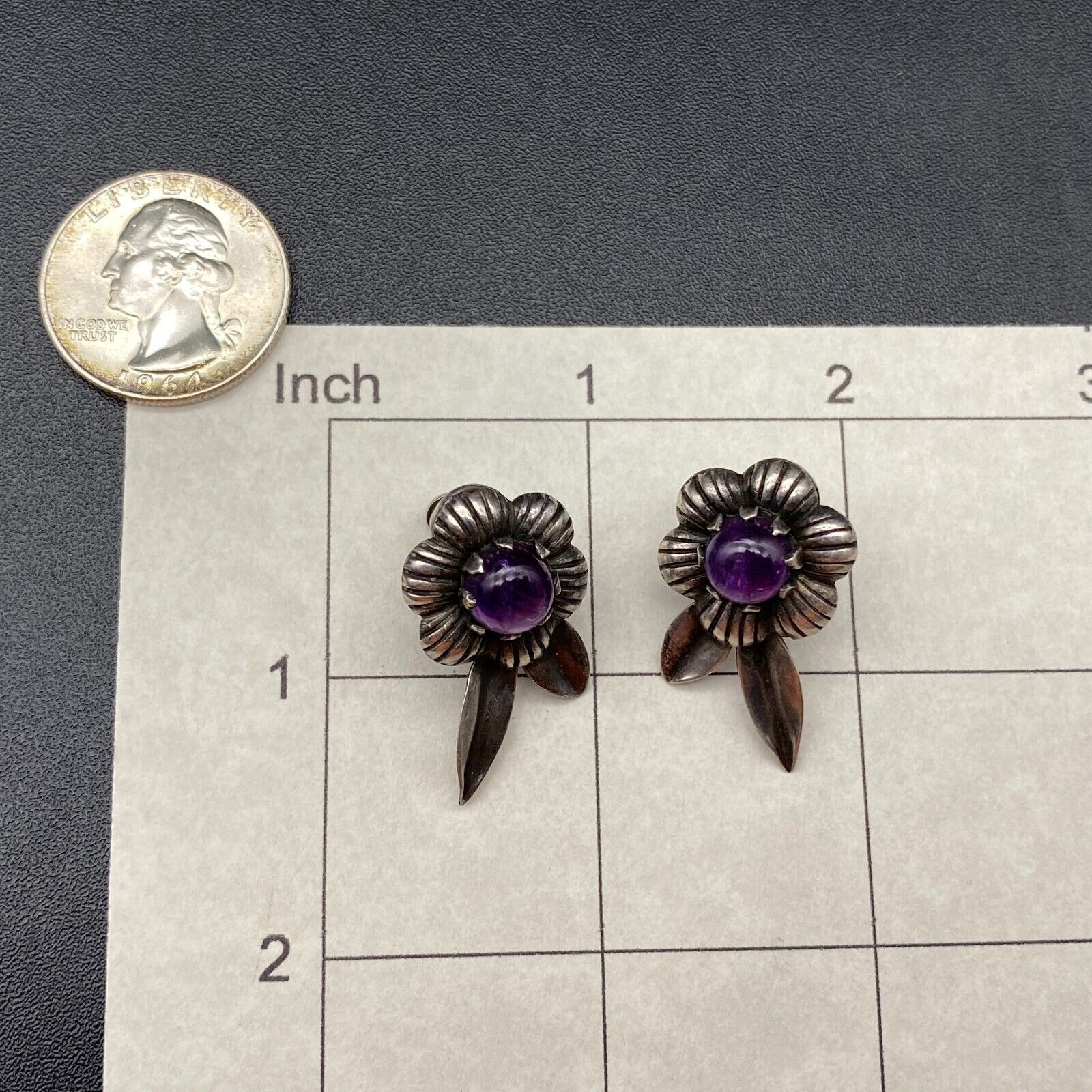 Vintage Mexico Amethyst Flower Sterling Silver Taxco 980 Screw Back Earrings