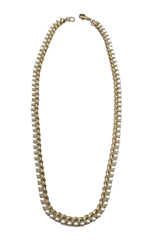 Vintage Gold Tone Faux Pearl Necklace Curb Linked Wire Wrapped 17” Costume GUC