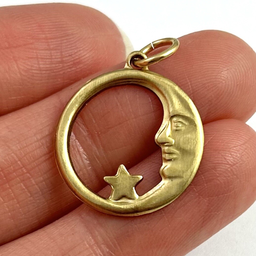Vintage Charm Pendant Man In Crescent Moon Star Brass Metal Smaller Size