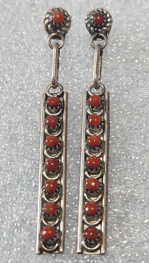 Antique silvertone red coral stone slender dangle drop intricate designed…