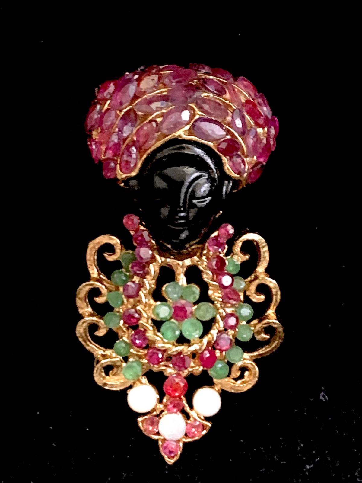 Vintage Natural Gemstone Blackamoor Brooch Pin with Ruby, Emerald,opal Gold 24kp