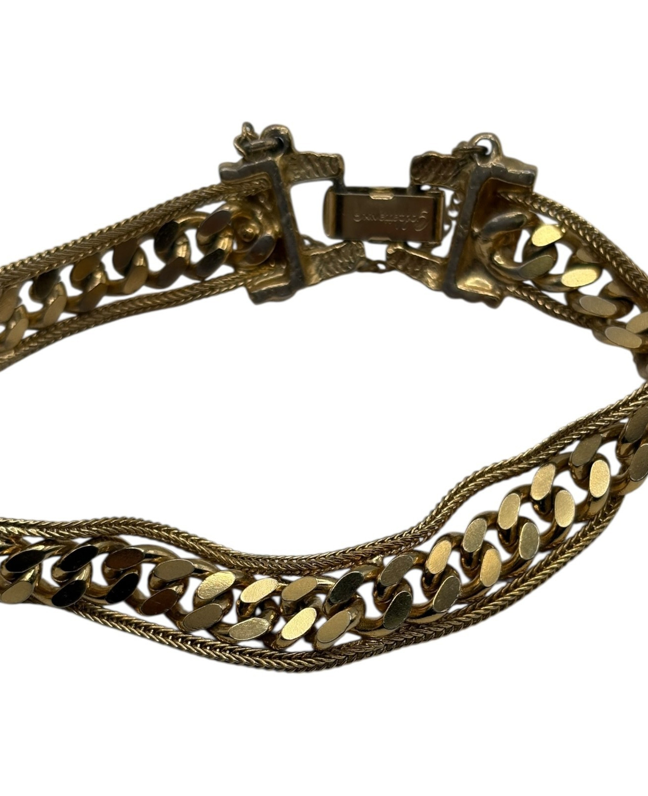 Goldette NY Gold Tone Bracelet 7″Cuban Chain Link Double Strand Safety Chain Vtg