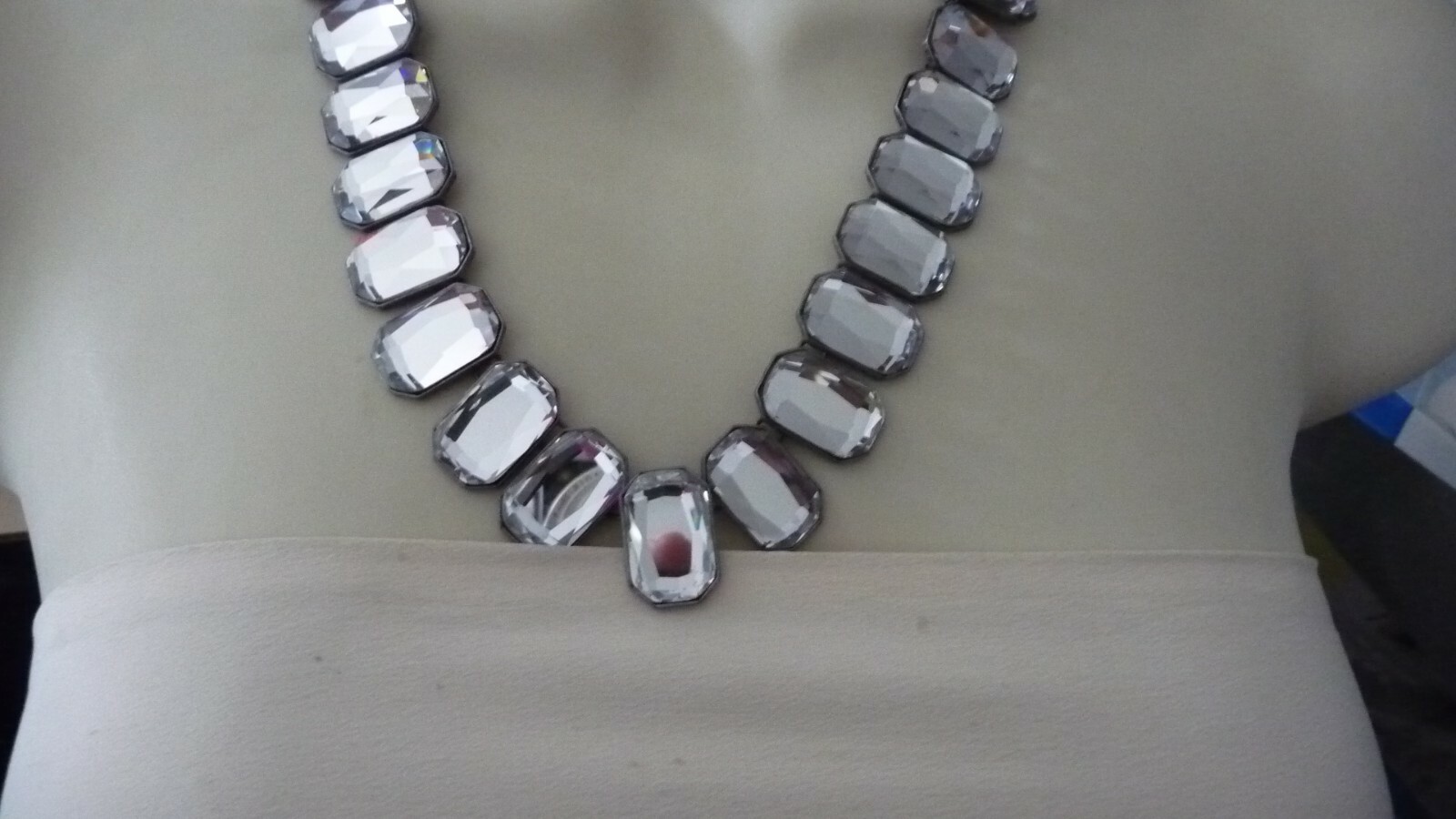 #62 vtg costume NECKLACE Sign Danielle Stevens SILVER TONE w LARGE RHINESTONE