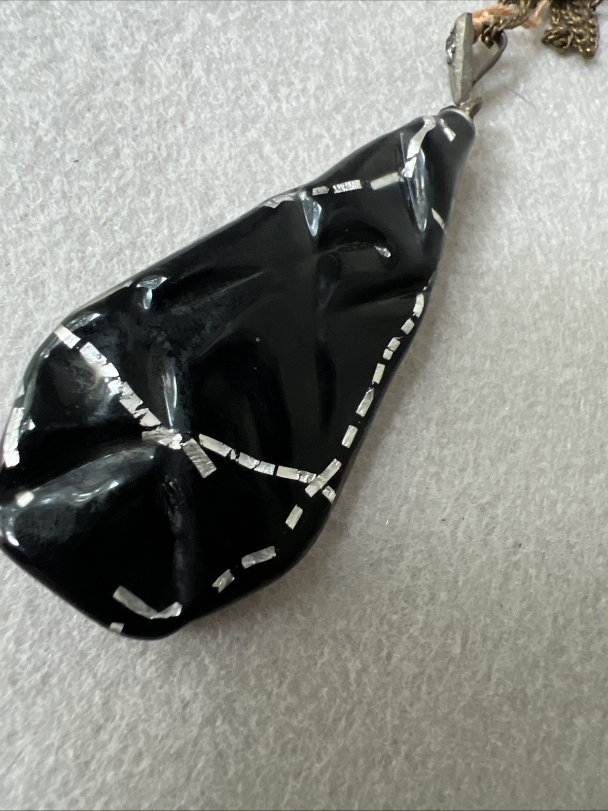 Vintage Black Foil Glass Made In Czecho Pendant Necklace – 1930s – ORIGINAL TAG