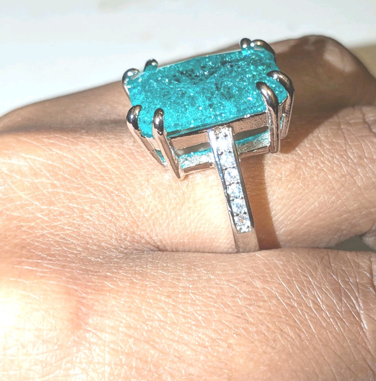 Shiny 10 CT Emerald Cut Lab-Created Paraiba Tourmaline Ring 925 Sterling Silver