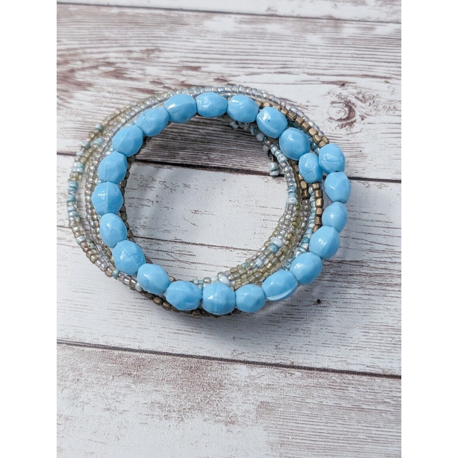 Vintage Wrap Bracelet / Bangle – Beaded Light Blue & Bronze Tones