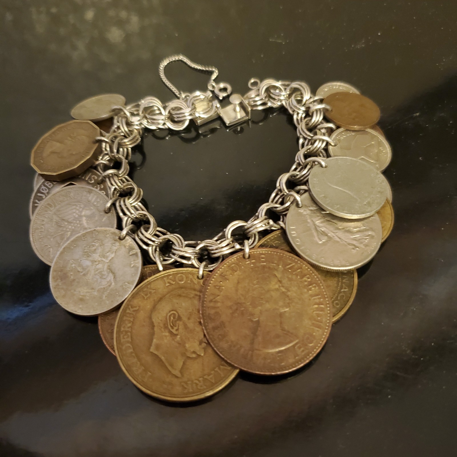 Sterling Silver Bracelet With Real European Coins 1949-1965 total of 20 Vintage