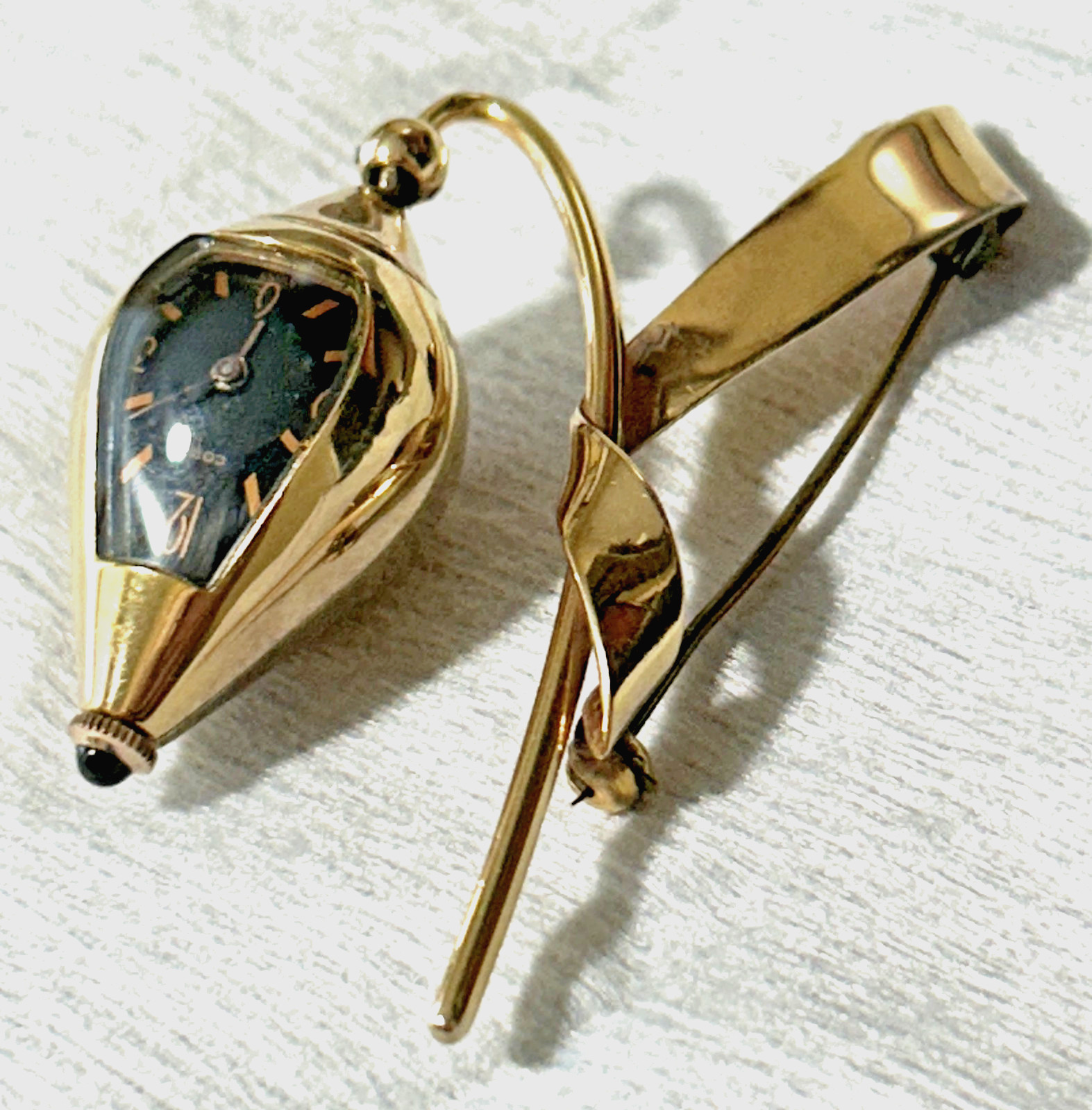Vintage Gold Stylish Manual “CORD” Brooch Watch Blue Jewel Crown WORKING