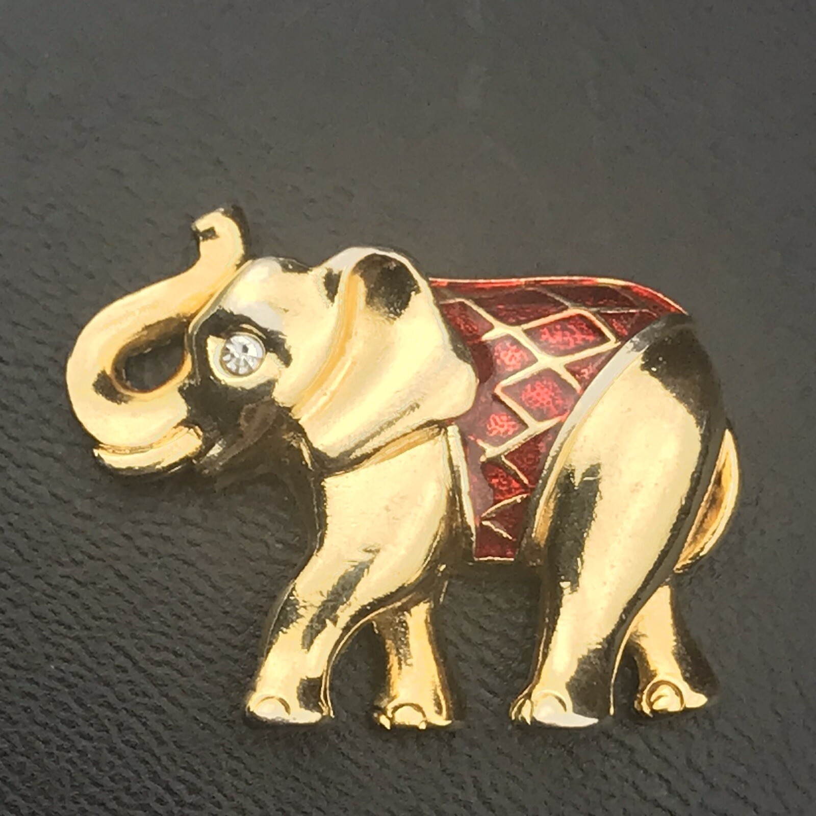 Vintage Gold Red Enamel Elephant Pin Brooch Trunk Up Good Luck Charm