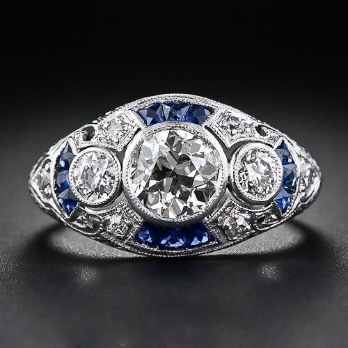 1.35Ct White Round Cut Simulated Diamond Three Stone Art Deco Ring In 925 Silver