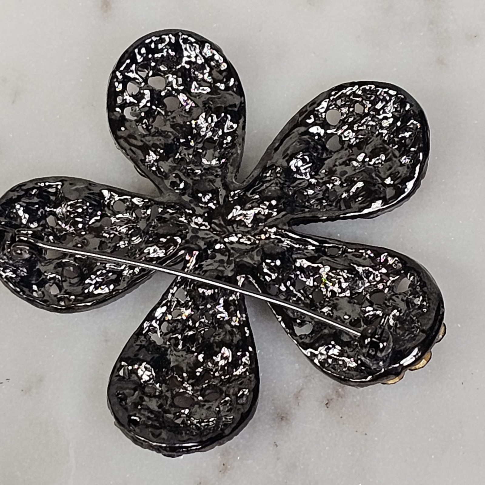 Vintage Purple Flower Rhinestone Gunmetal Pink Crystals Brooch Estate