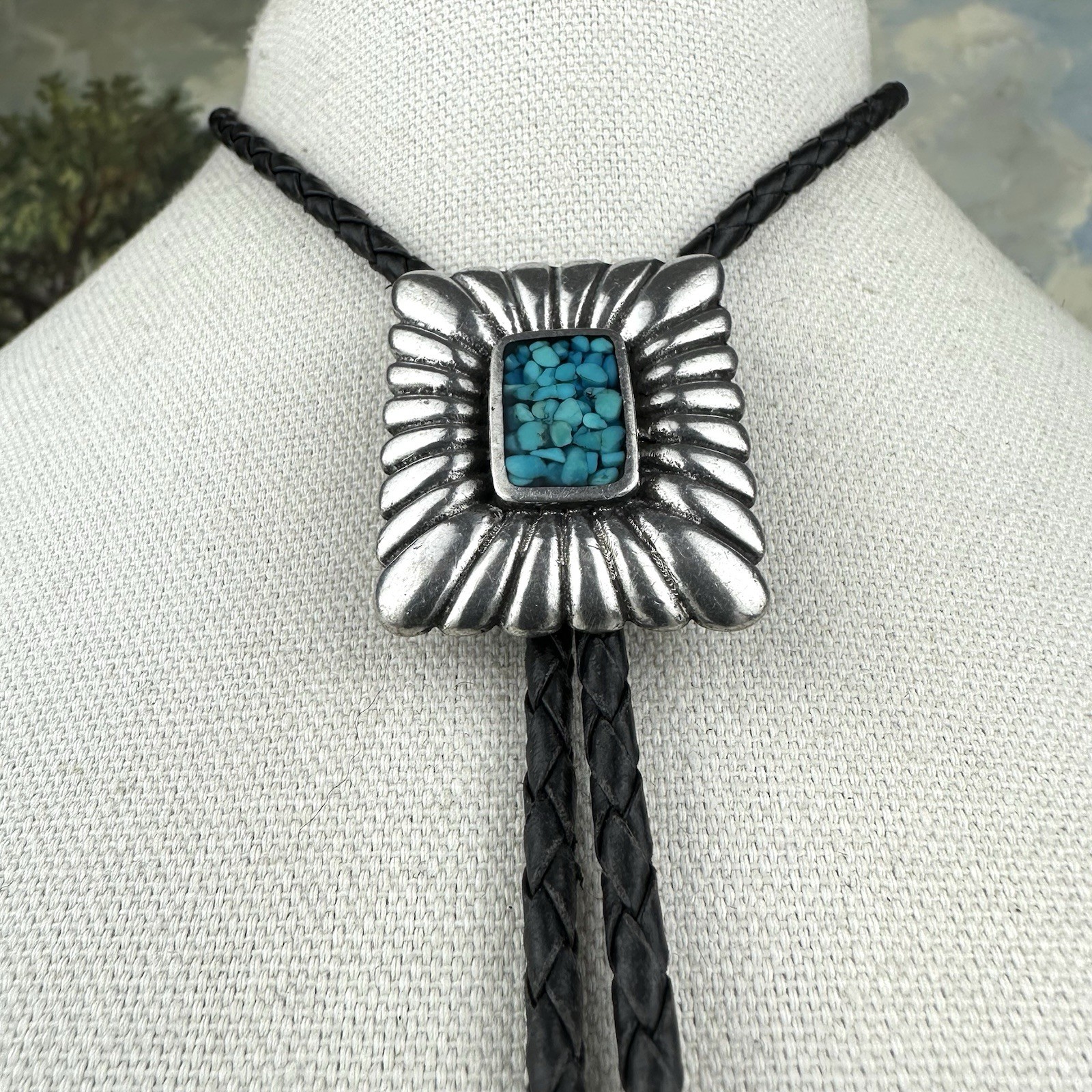 Vintage Silver Pewter Turquoise Chip Inlay Western Bolo Tie Nickel Silver Tips