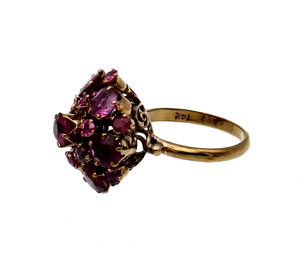 Vintage Ruby / Pink Sapphire Dome Cluster Cocktail Ring 14K Yellow Gold Sz 5