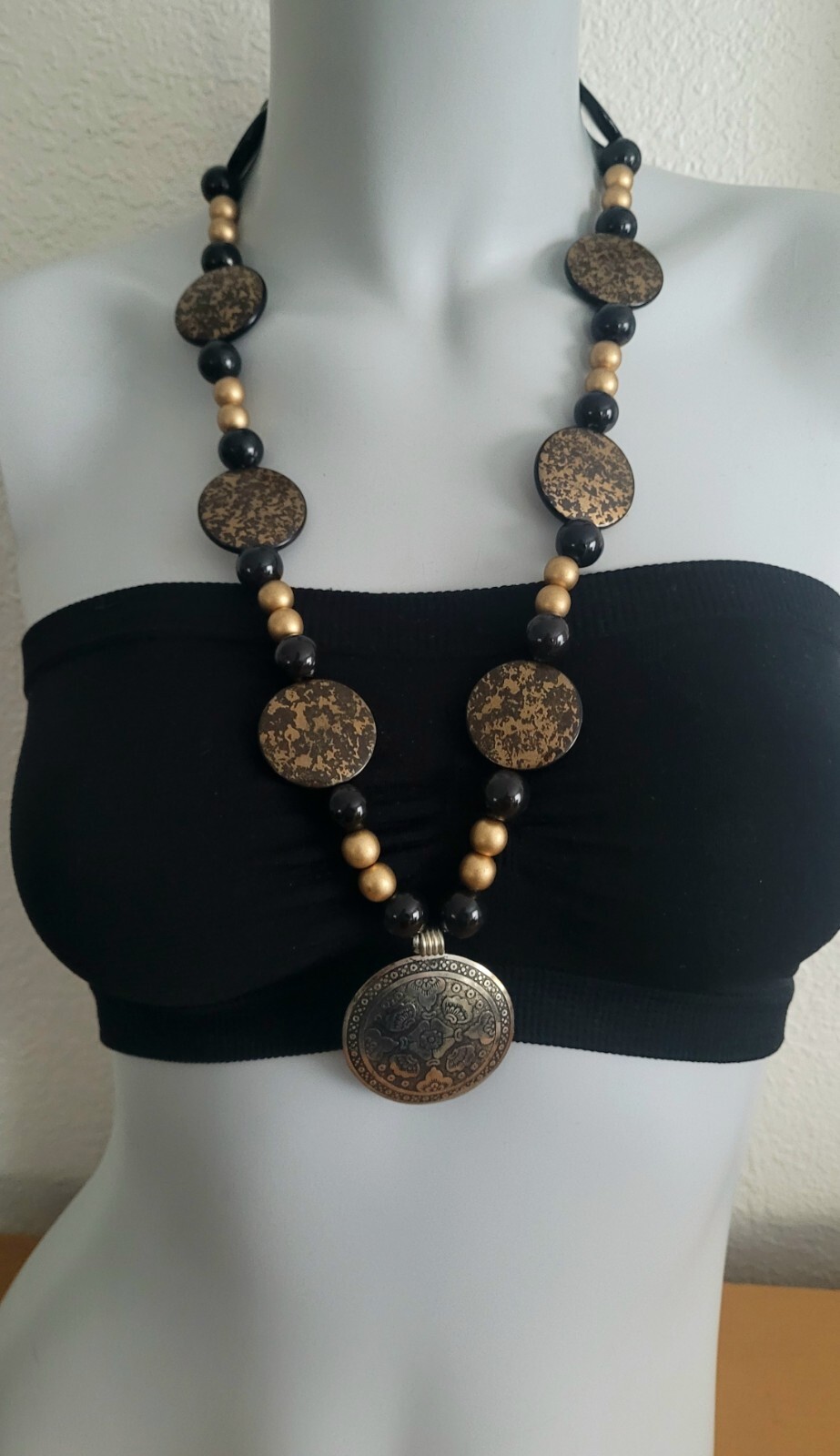 VTG ARTISAN LONG BEADED STATEMENT NECKLACE GLASS & LUCITE BEADS BOHO