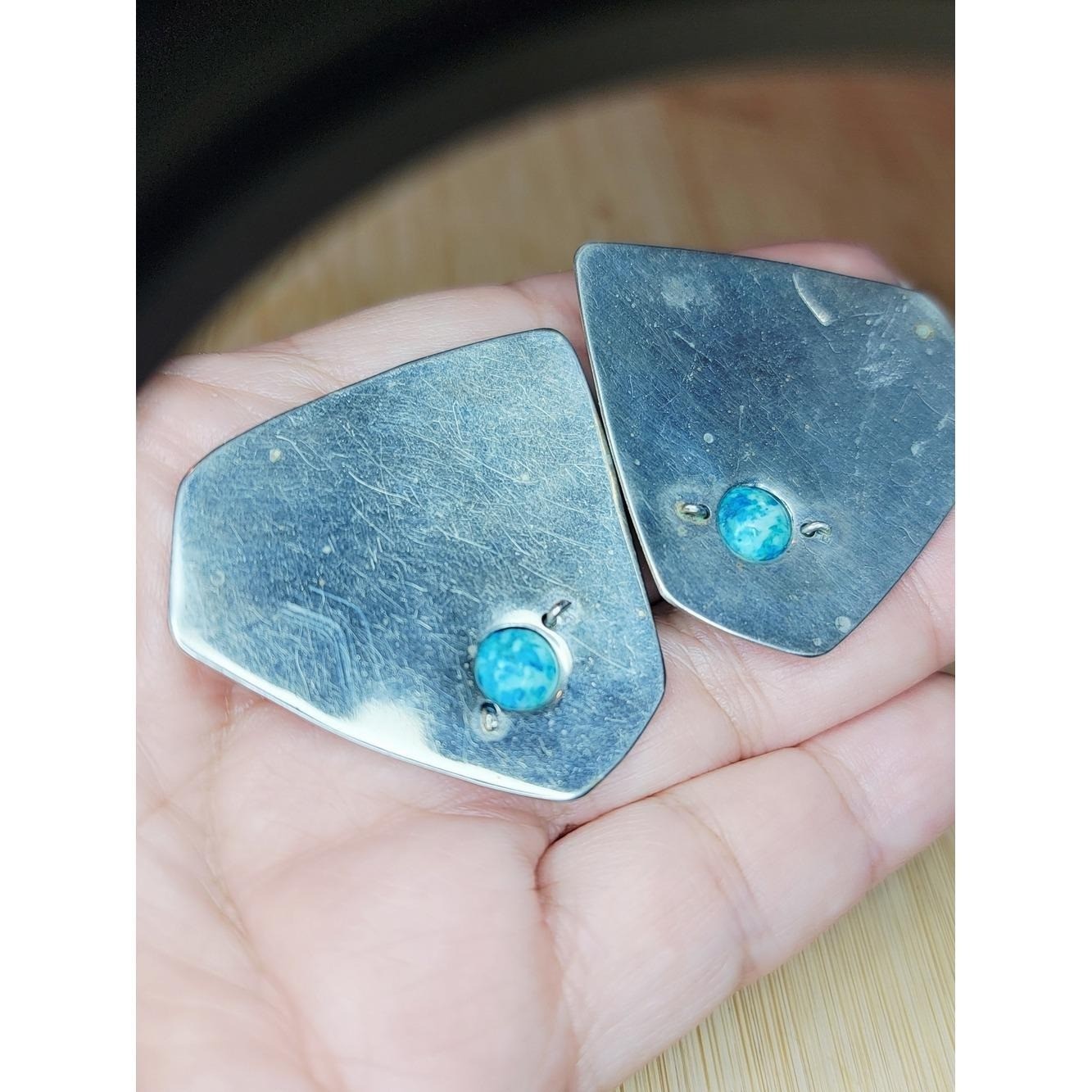 Vintage Modernist Turquoise Stud Earrings Large Geometric Silver Tone Statement