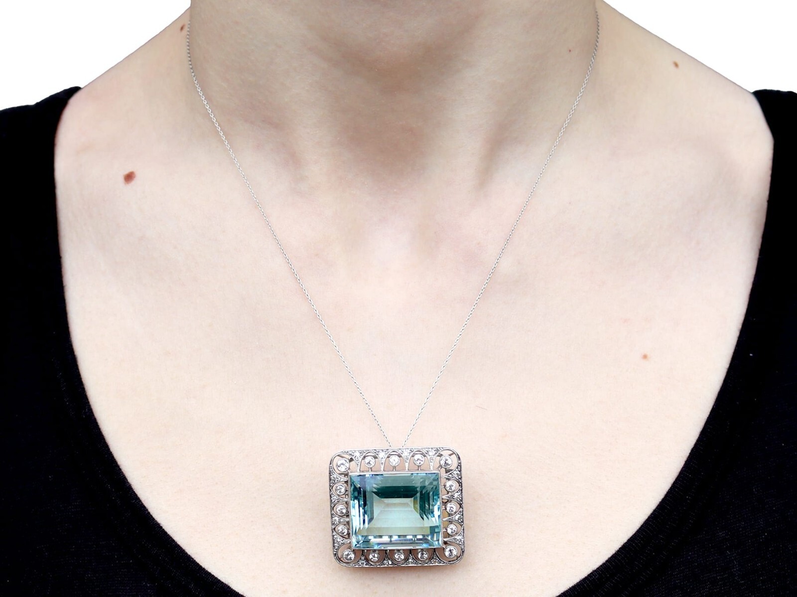 Antique 42.24Ct Aquamarine, 1.62Ct Diamond and Platinum Brooch / Pendant