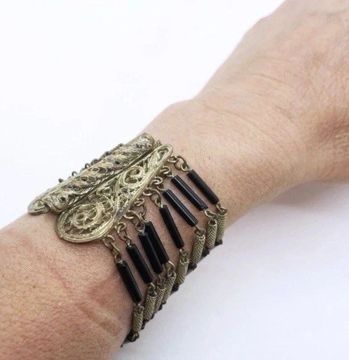 Vintage Multi Strand Wire Wrap Bracelet Filigree Black Tube Bead Metalwork 6.4”