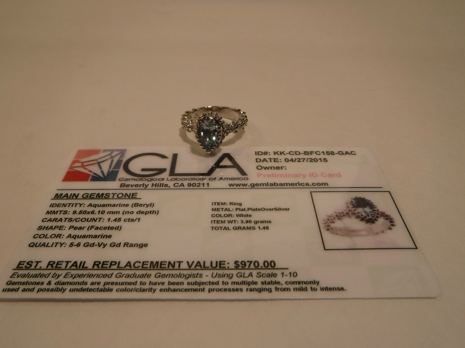New 1.45CT Pear Cut Aquamarine (Beryl) & Platinum Over Sterling Silver 925 Ring
