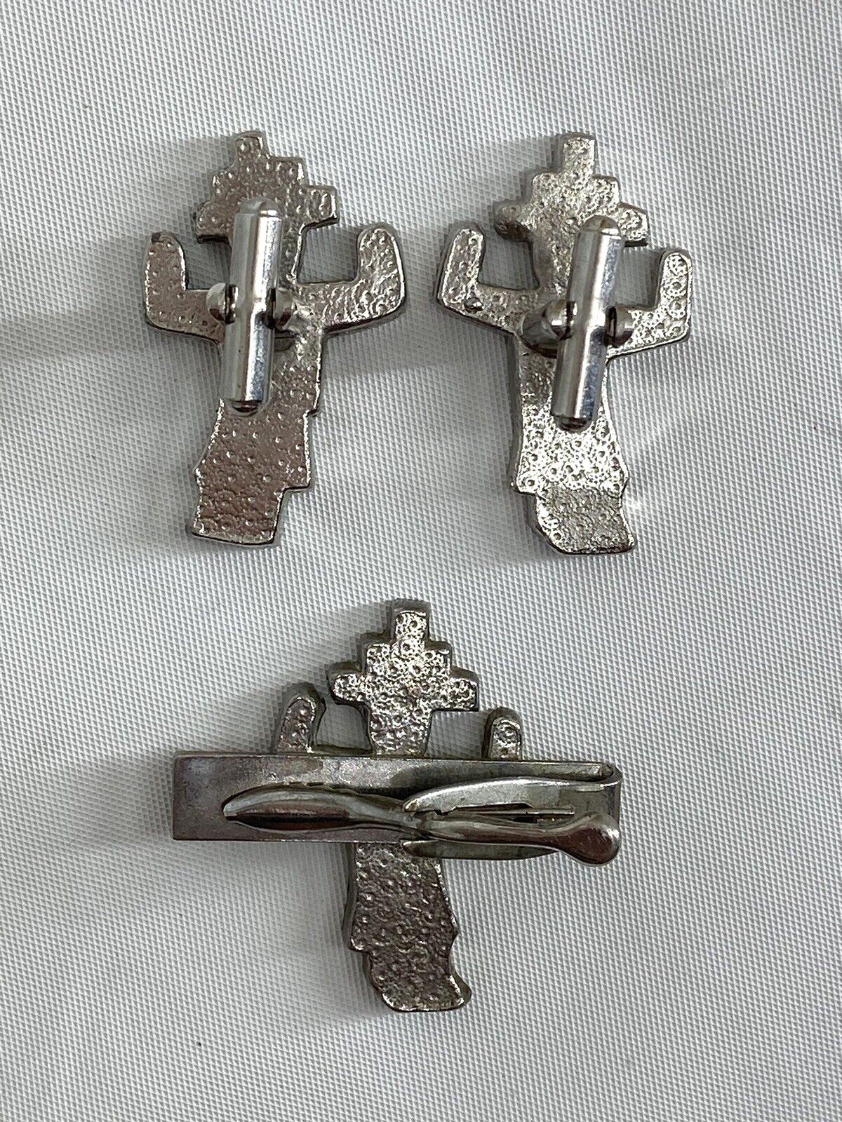 Vintage Zuni Kachina Dancer Cuff Links Tie Clip Inlaid Stones Silver Tone Set