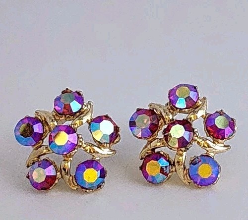 AURORA BOREALIS PURPLE BLUE PINK HUES FLOWER CLIP-ON EARRINGS-1.25″ DIAMETER