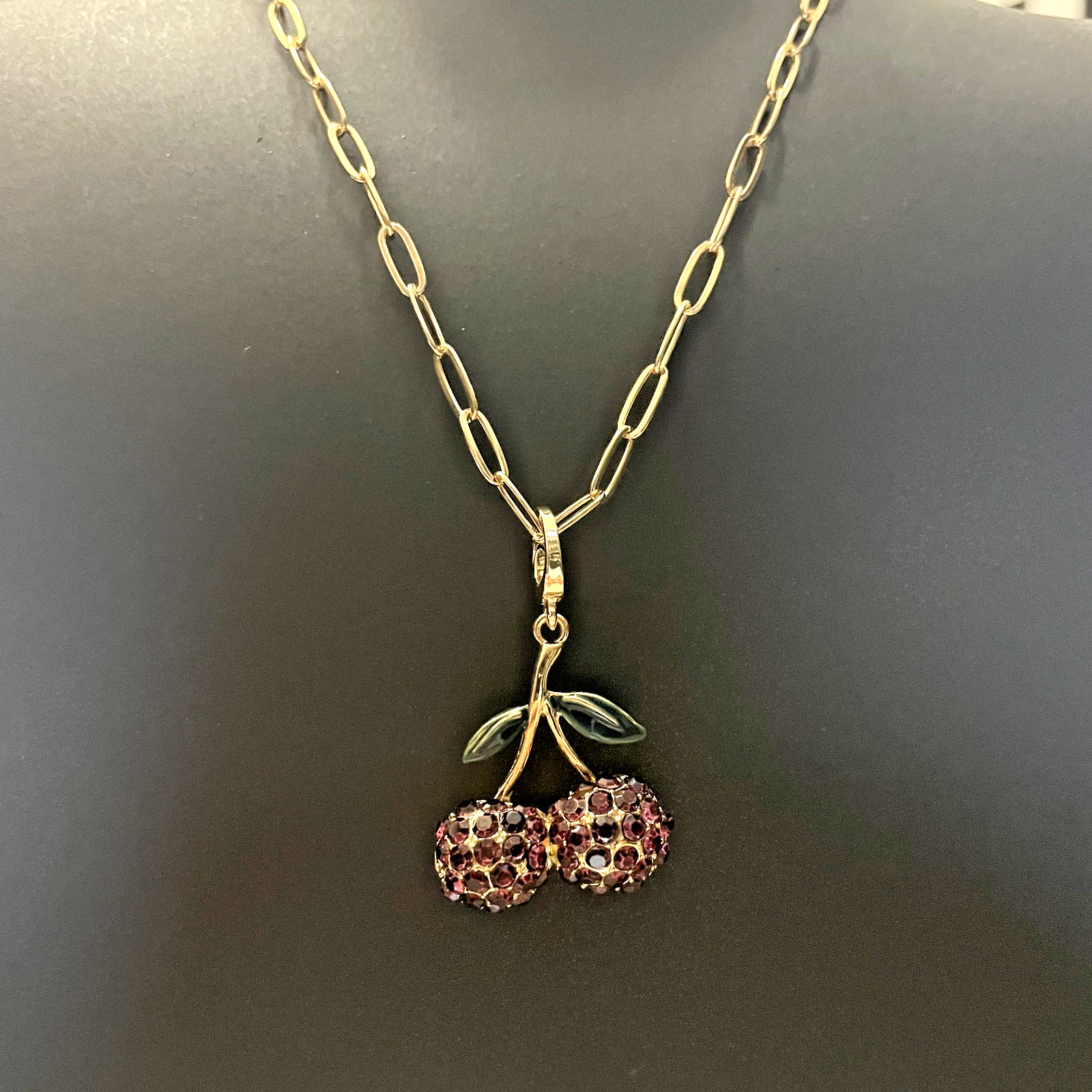 A New Day Gold Tone Link Chain & Ruby Cherry Rhinestone Magnetic Locket 18″