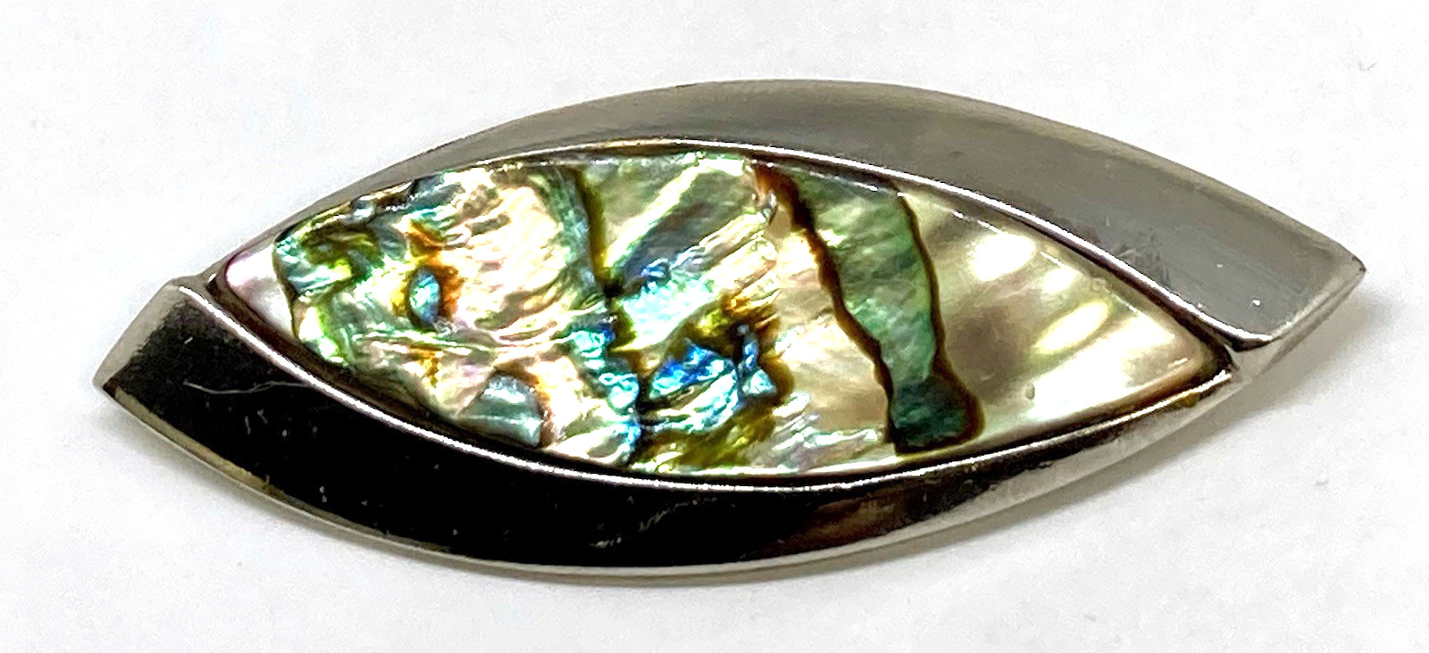 Vintage Signed EXQUISITE brand Abalone Paua Shell Silver Tone Brooch Pin 2.5″