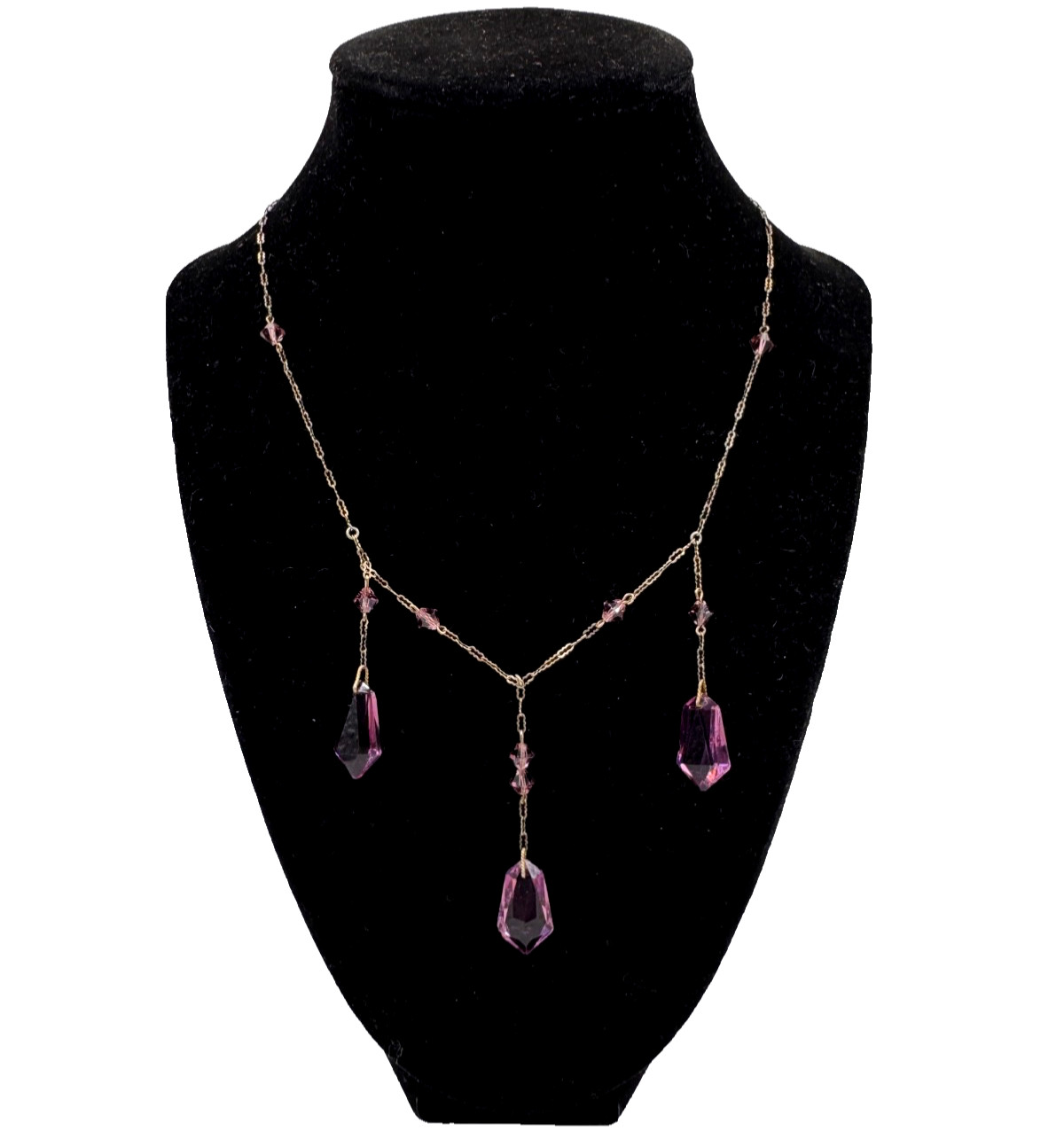 VICTORIAN ANTIQUE STERLING SILVER FESTOON CHAIN NECKLACE PURPLE GLASS DANGLES