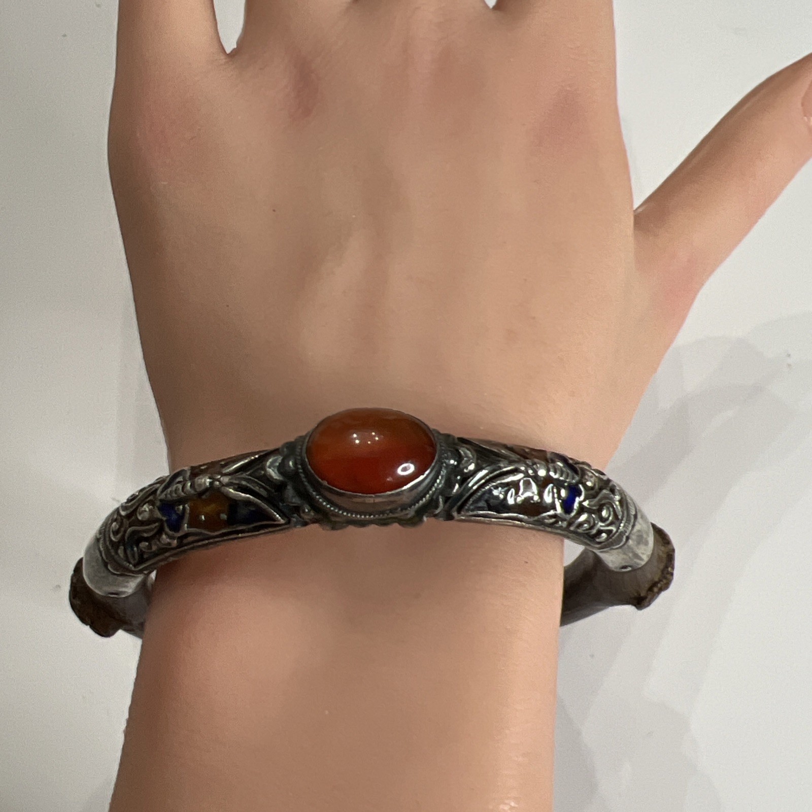 Antique Chinese Sterling Butterfly Enamel Carnelian Rattan Bamboo Bangle 7.75”