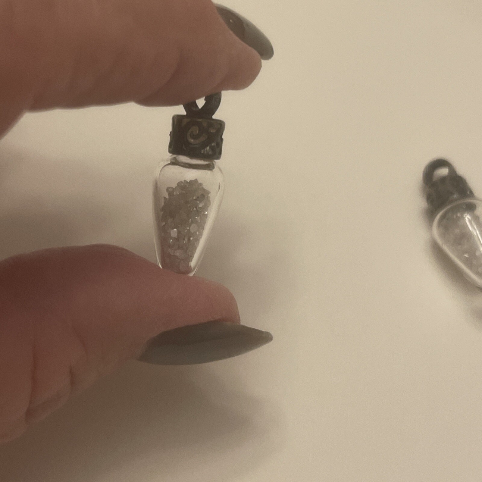 Pair Vintage Diamond Dust Sterling Silver Top Glass Drop Pendants