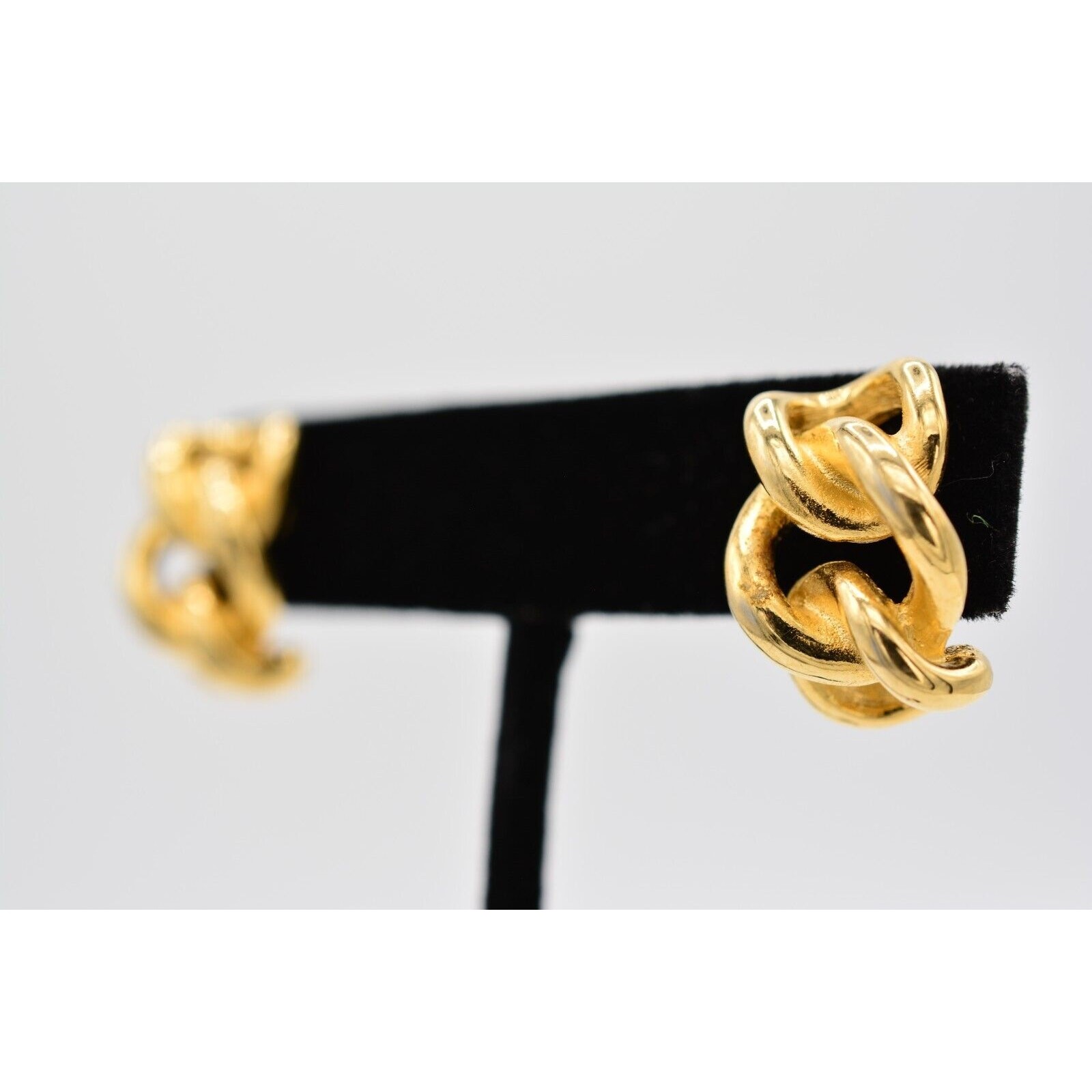 Vintage Pierced Drop Earrings Linked Chain Shiny Gold Tone Dangle 1980s BinAK