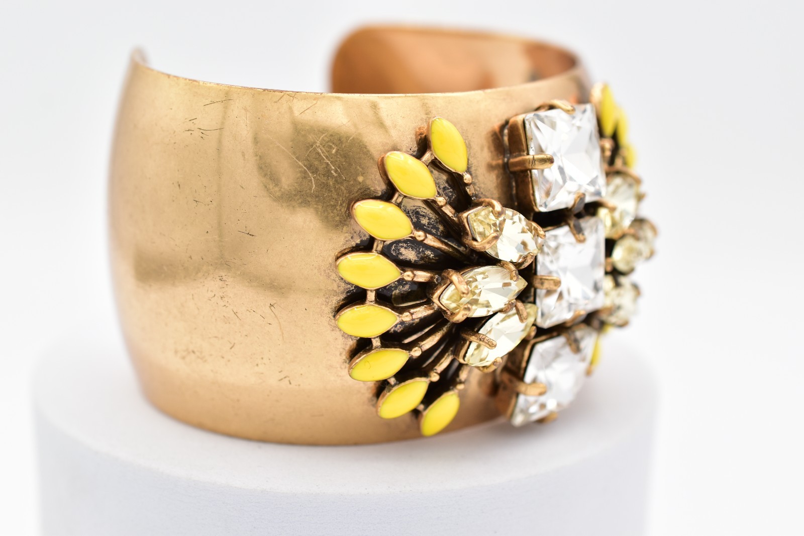 Stella & Dot Crystal Gold Cuff Bracelet Yellow Enamel Statement Wide Y2K BinBR