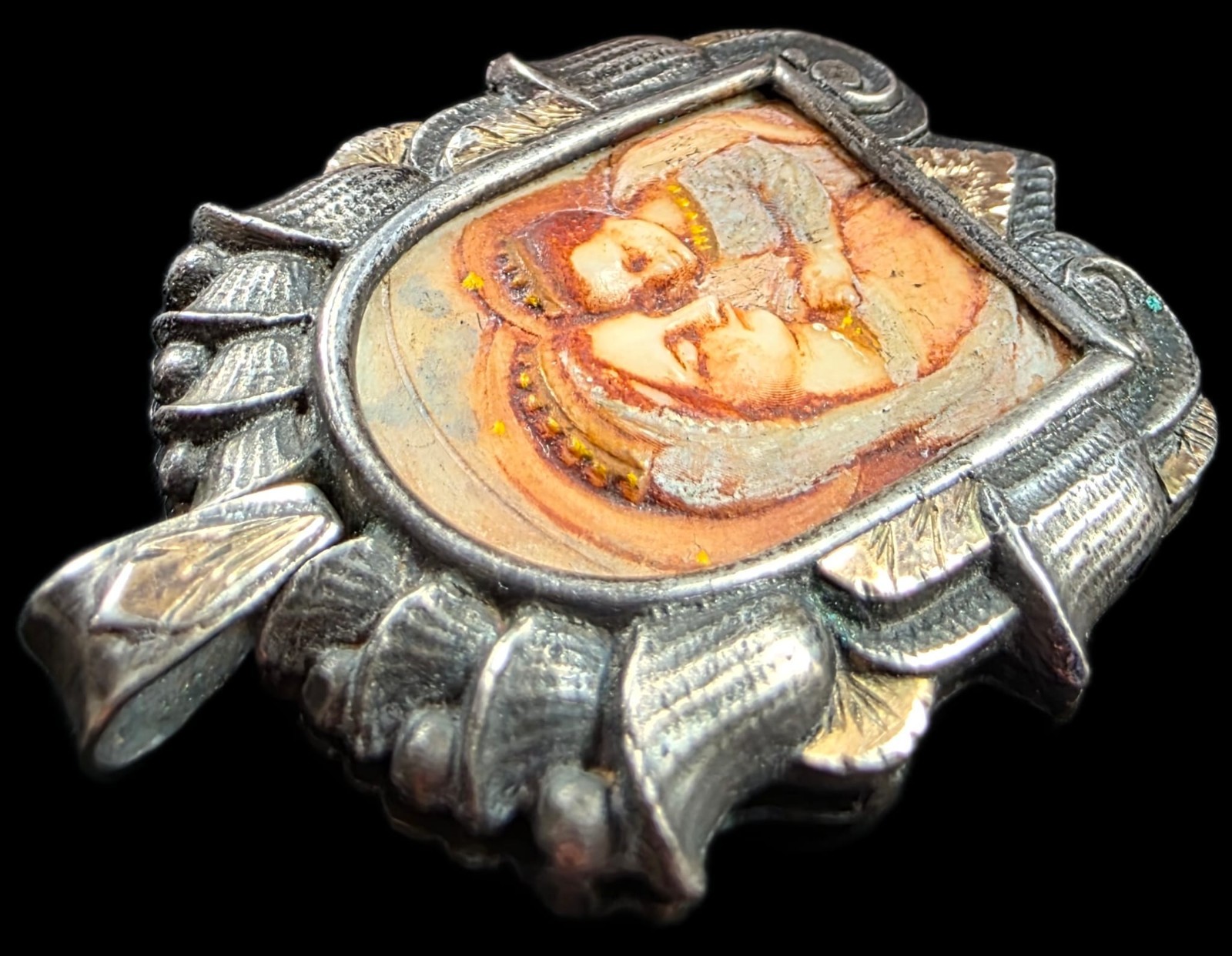 Fine Antique Art Nouveau Silver Gold Madonna Virgin Mary and Jesus Pendant C1900