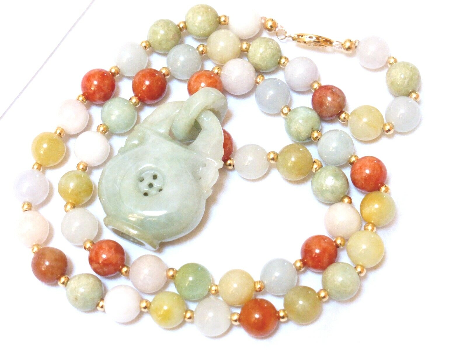 Vintage Chinese 14K GOLD Multi-Color Jade 9mm Beads Necklace Pendant, 22″